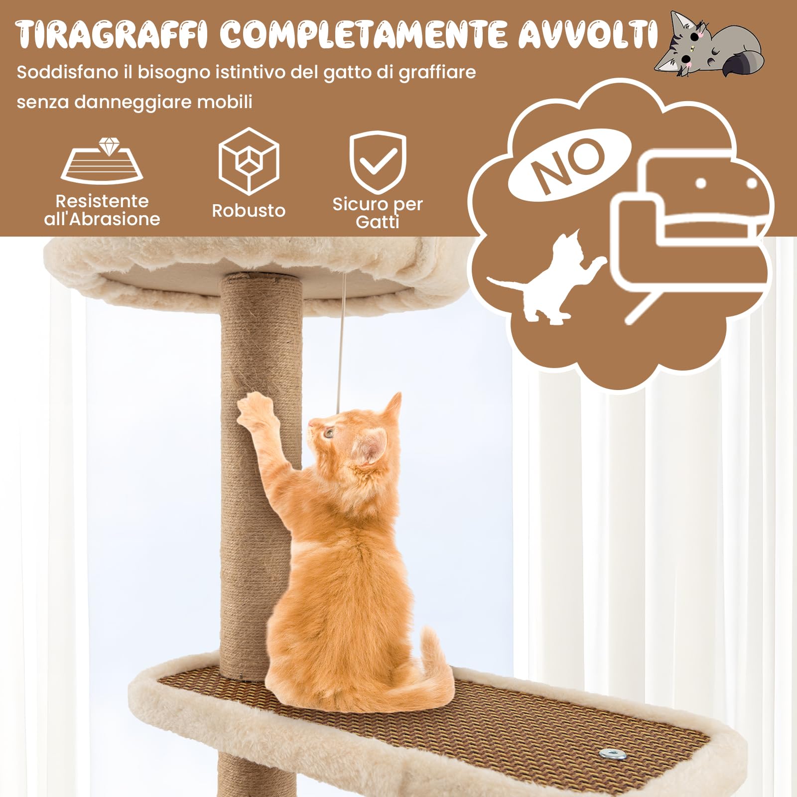 COSTWAY Torre per Gatti Interno, Albero per Gatti a 4 Livelli con Tappetino in Rattan, Palla, Tiragraffi, Piattaforma, Letto e Tappetino Peluche Rimovibile, Centro Attività per Gatto Piccolo e Medio