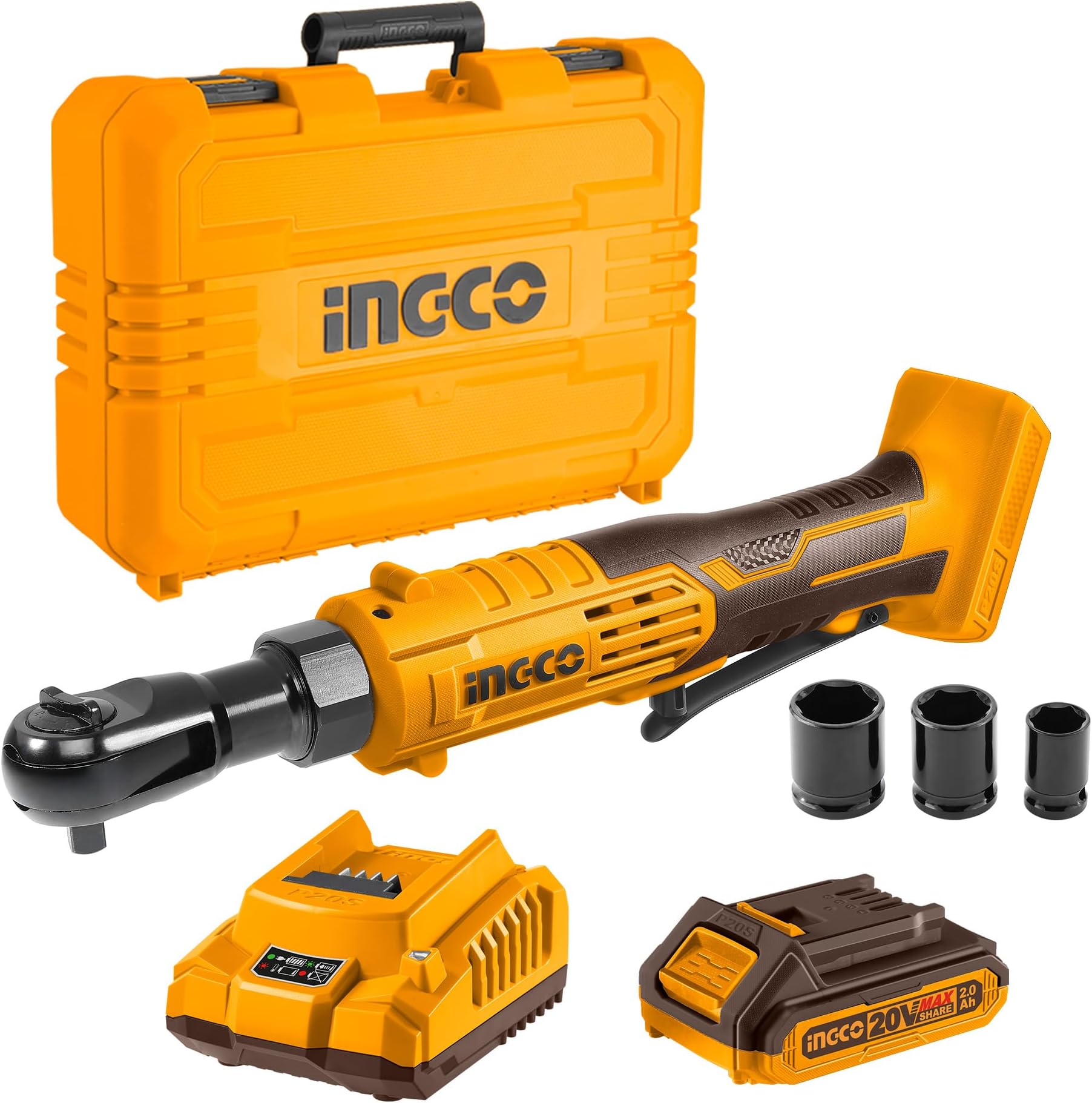Cordless Ratchet Wrench 20V with LED Light, 3/8" Electric Drive Ratchet with 1Pcs 2.0Ah Battery, 1Pcs Charger, 3Pcs Sockets, 65Nm CDRLI2060152