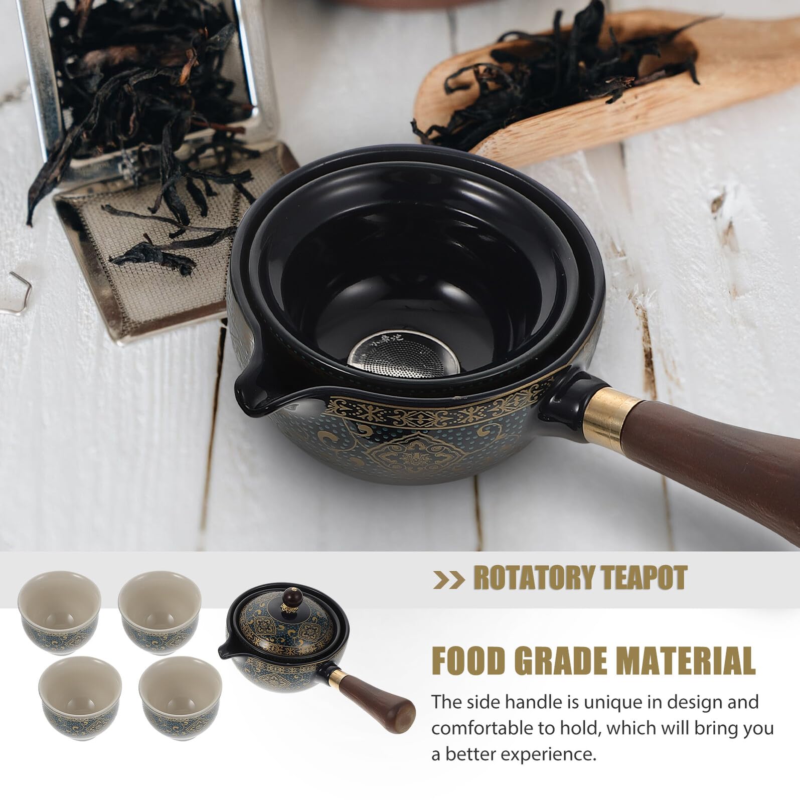 SEWACC Juego de Tetera Giratoria de Cerámica Resistente al Calor Asa Lateral Tetera Portátil de 1 y 4 Tazas Set para Infusión de Té Casa y Uso Doméstico