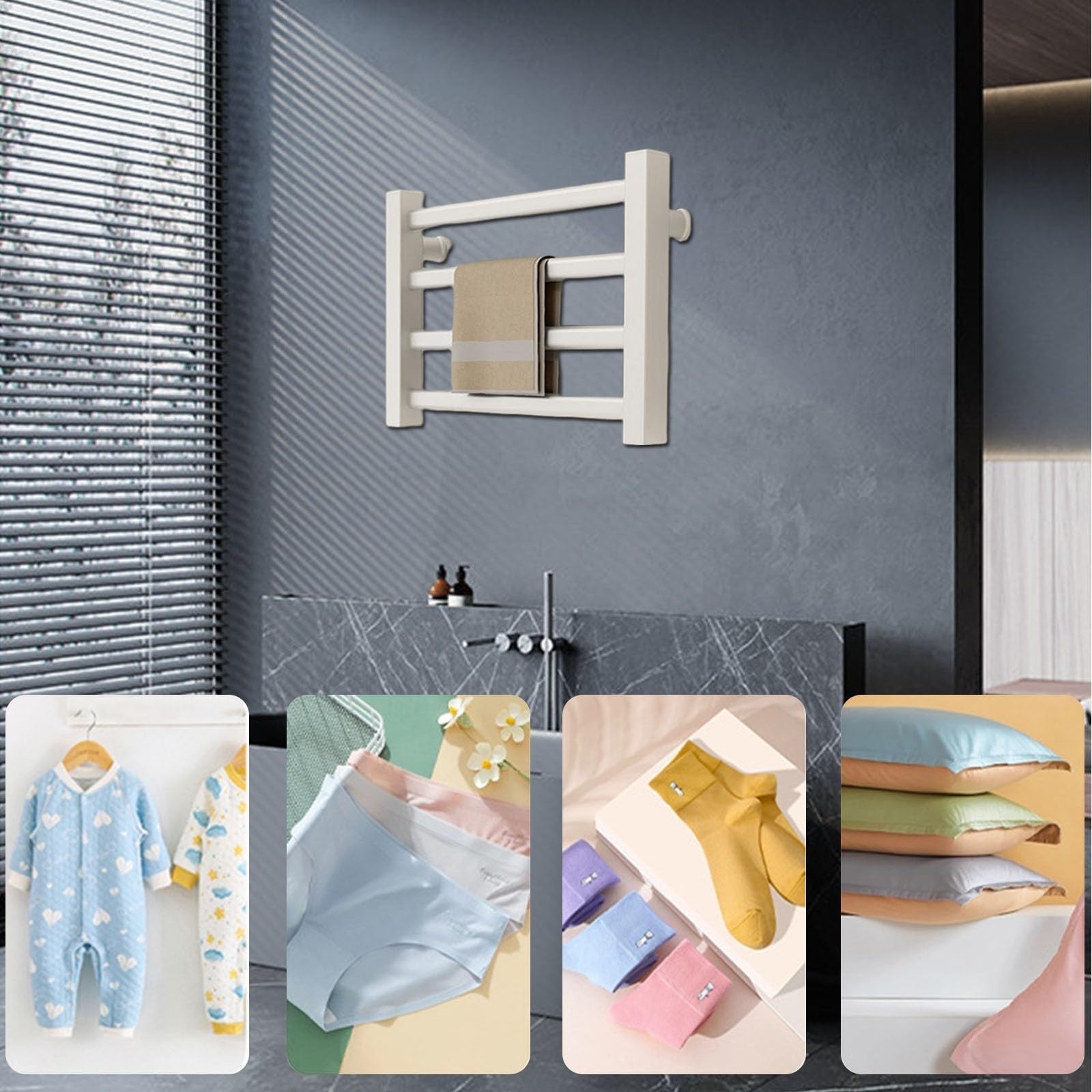 Toallero eléctrico Inteligente, radiador de Pared de 80 W, pequeño radiador toallero eléctrico for baño de 4 Barras, Temperatura Constante de 55 °C for Evitar Quemaduras.(White-Right Line)
