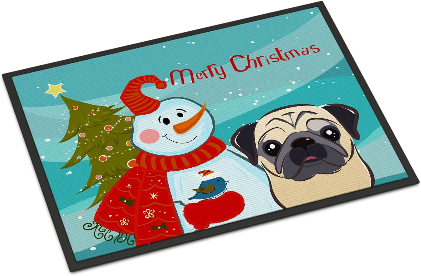 Caroline's Treasures BB1882JMAT Snowman with Fawn Pug Doormat 24x36 Front Door Mat Indoor Outdoor Rugs for Entryway, Non Slip Washable Low Pile, 24H X 36W