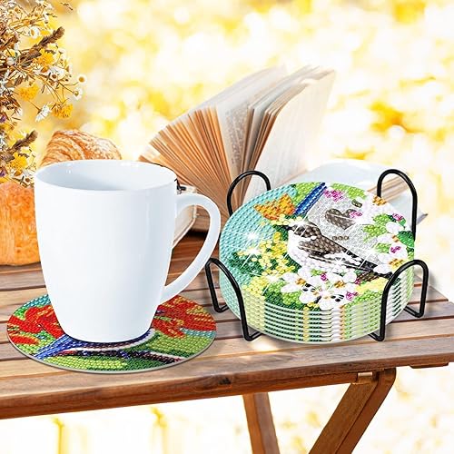 Miniatura 7 de Juego de 8 posavasos de pintura con diamantes para pájaros, con soporte, para manualidades, diseño de pájaros, diamantes, posavasos antideslizantes