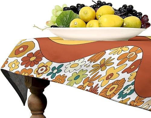 Miniatura 816 de Mantel floral hippie, diseño retro de los años 70, naranja, rosa, azul, floral, bohemio, estampado estético de margaritas, para fiesta, picnic