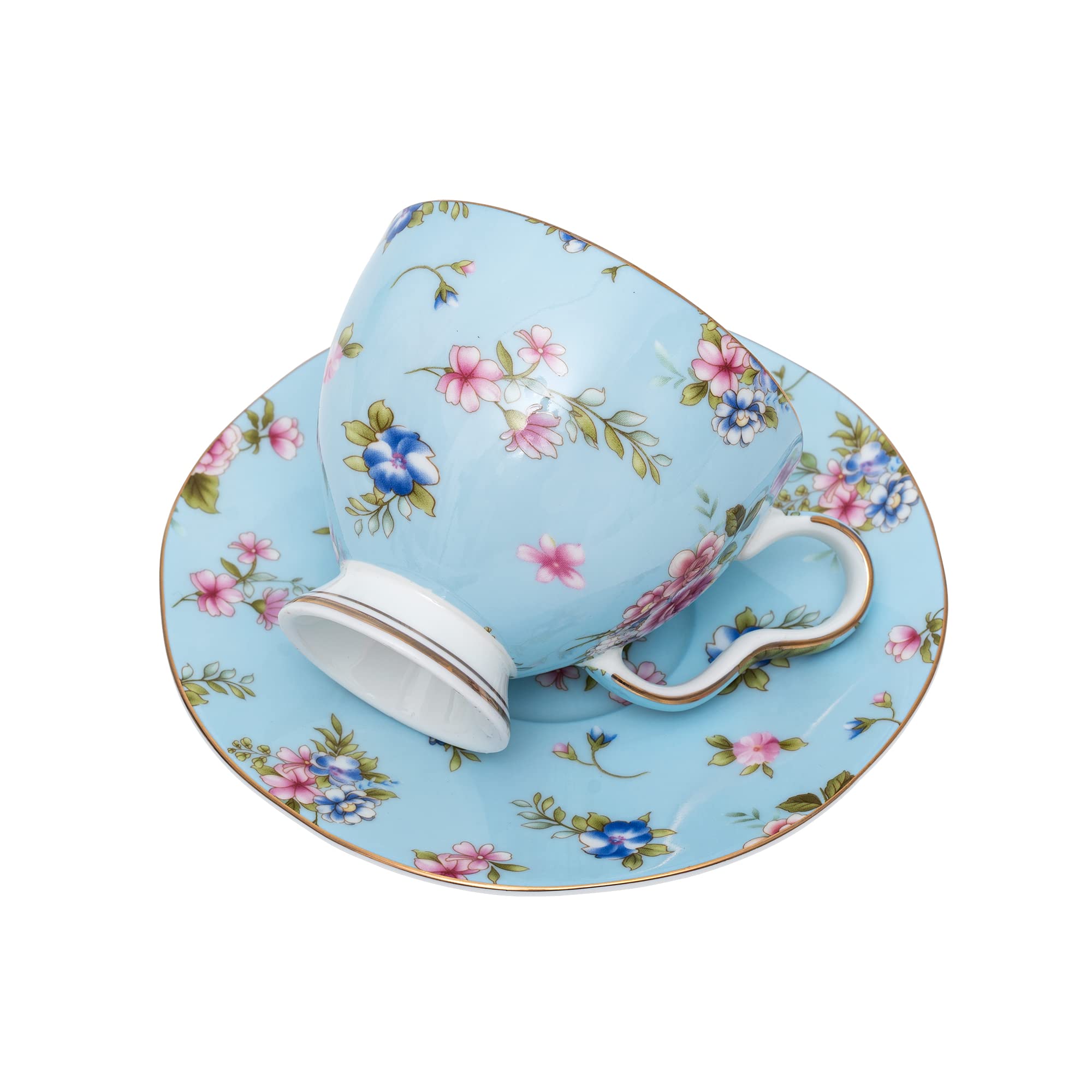 Amazon.com: 7 盎司(約198.4 毫升)細骨瓷茶杯和茶碟花卉設計咖啡