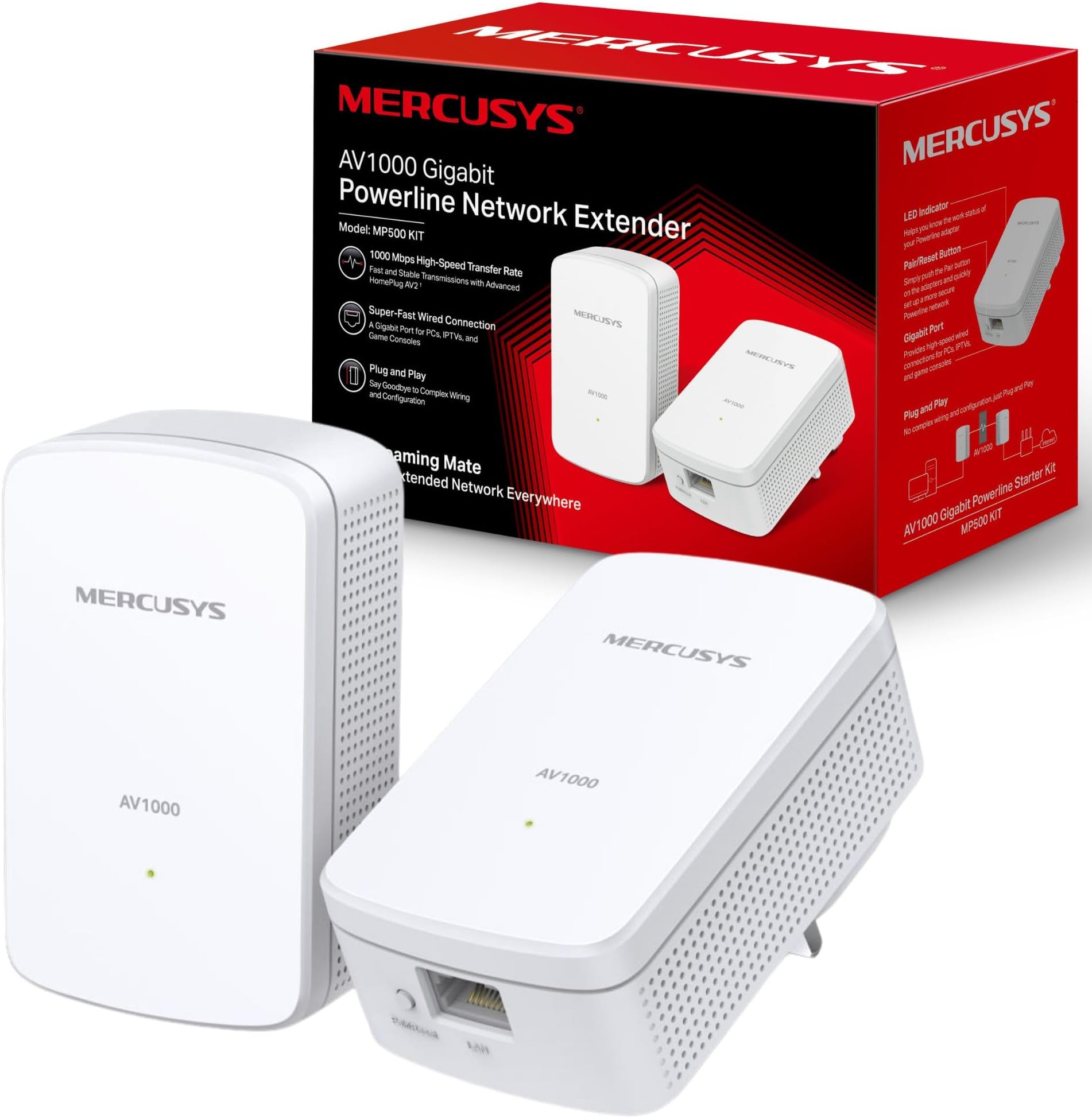 Mercusys MP500 KIT AV1000 Gigabit Powerline Adapter Kit, WiFi Extender Speed Up To 1000 Mbps, 300 meters Range, Eliminate WiFi Dead Zones, No Configuration required, Package may vary
