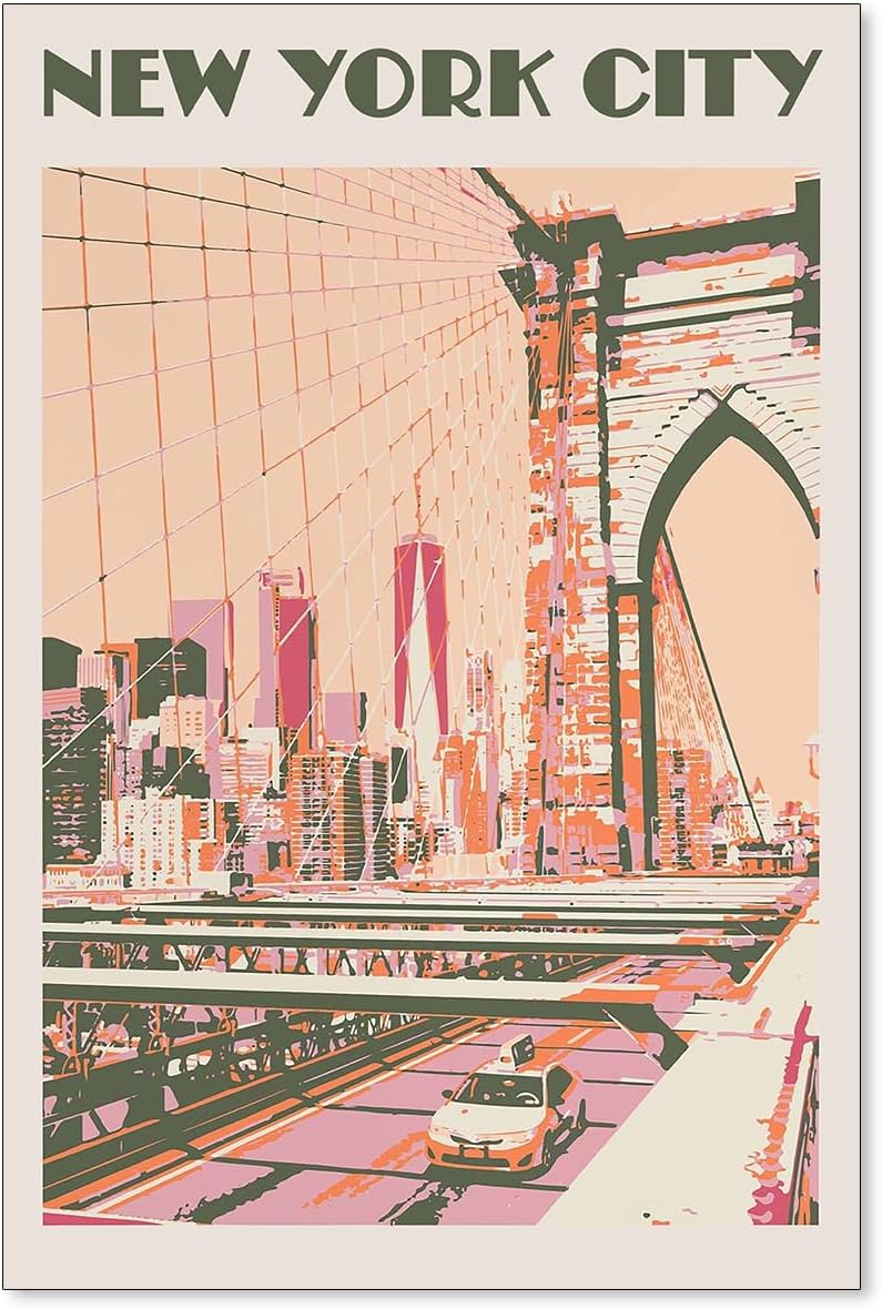 New York City Landscape Pink Posters Retro Us Landmarks Scenery Wall Art Vintage Bridge Canvas Painting for Living Room Bedroom Wall Decor 12x16 inch Unframed