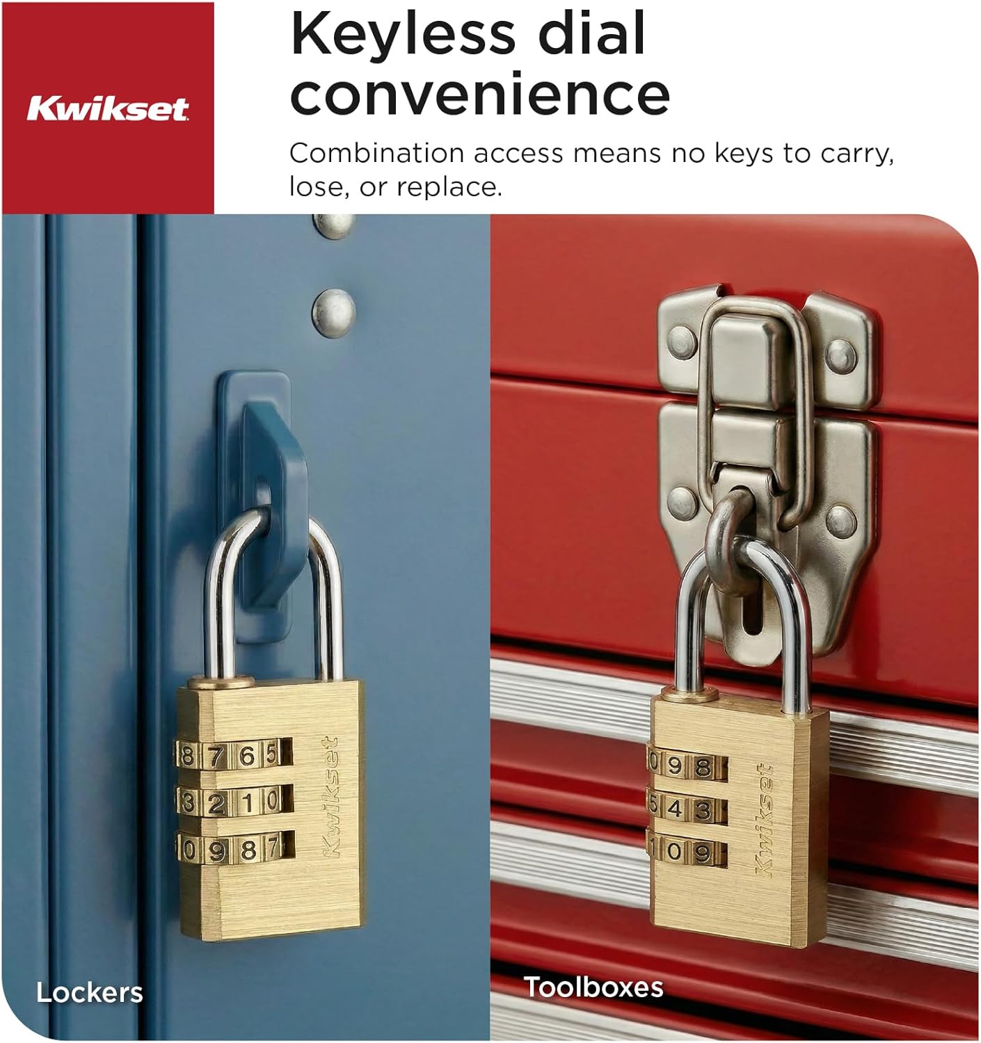 Kwikset Brass Resettable 3-Digit Combination Padlock, Indoor Outdoor Locker and Cabinet Lock, 1-1/8 in Body, 1 in Shackle, 1 Pack, Brass