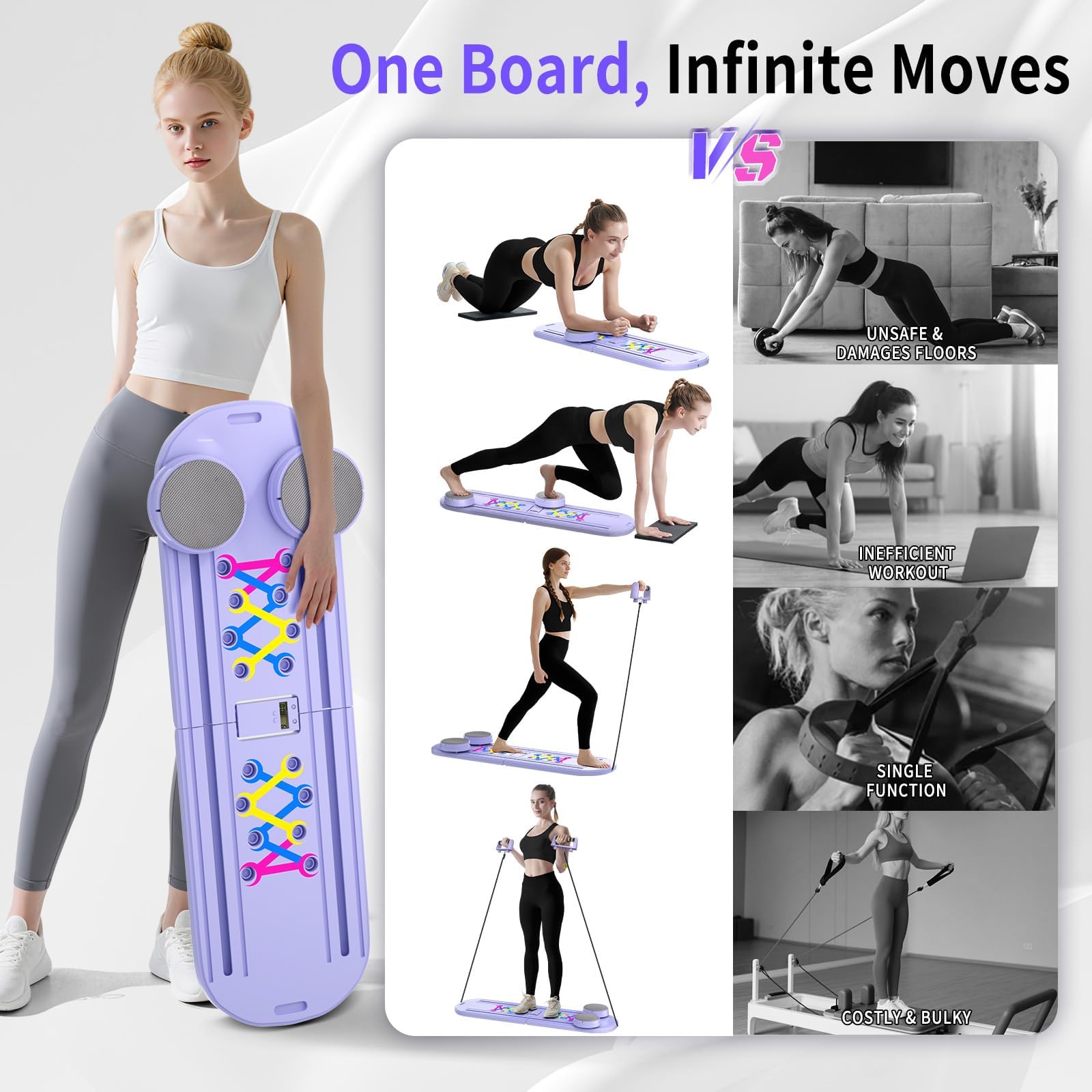 Pilates Board, Tragbares Faltbares Pilates Reformer Set, Vielseitige Pilates Board für Zuhause, Helllila