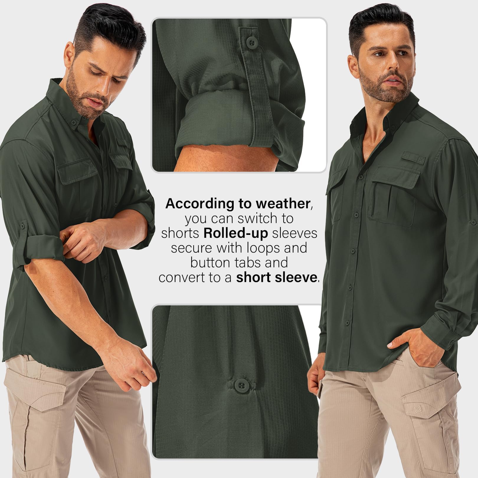 Camisa para hombre Safari UPF50+ protección UV, camisa de senderismo de manga larga, camisa funcional para exteriores, transpirable, de secado rápido, informal, con botones