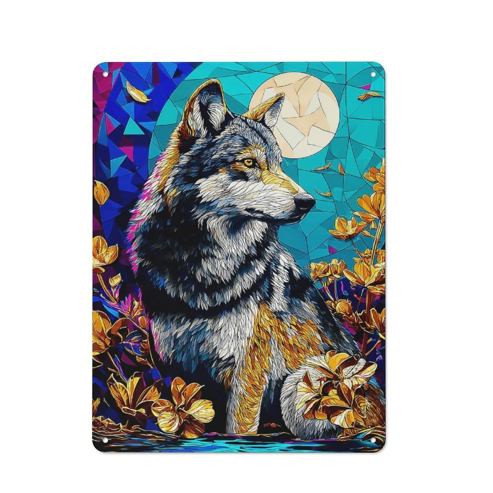Junmoney Wolf In Moonlit Garden Metal Wall Sign 40X30cm Featuring For Café Or Home Bar, A Winter Wall Decor Update For Hospitality Decor Collectors
