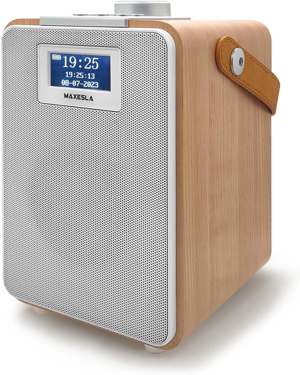 Maxesla DAB/DAB+/FM Radio with Bluetooth, Battery Powered Rechargeable Digital Radio with USB Charging, MDF Wood Effect Digital Radio with 1.8inch Screen, Headphone Socket TF Card Digital Alarm Clock