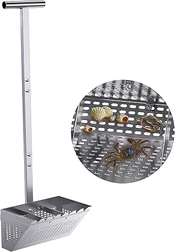 Musvoh - Rastrillo para pulgas de arena, para playa, cesta trapezoidal de 11.2 pulgadas de ancho con 2 tallos de apoyo y dientes afilados, mango en