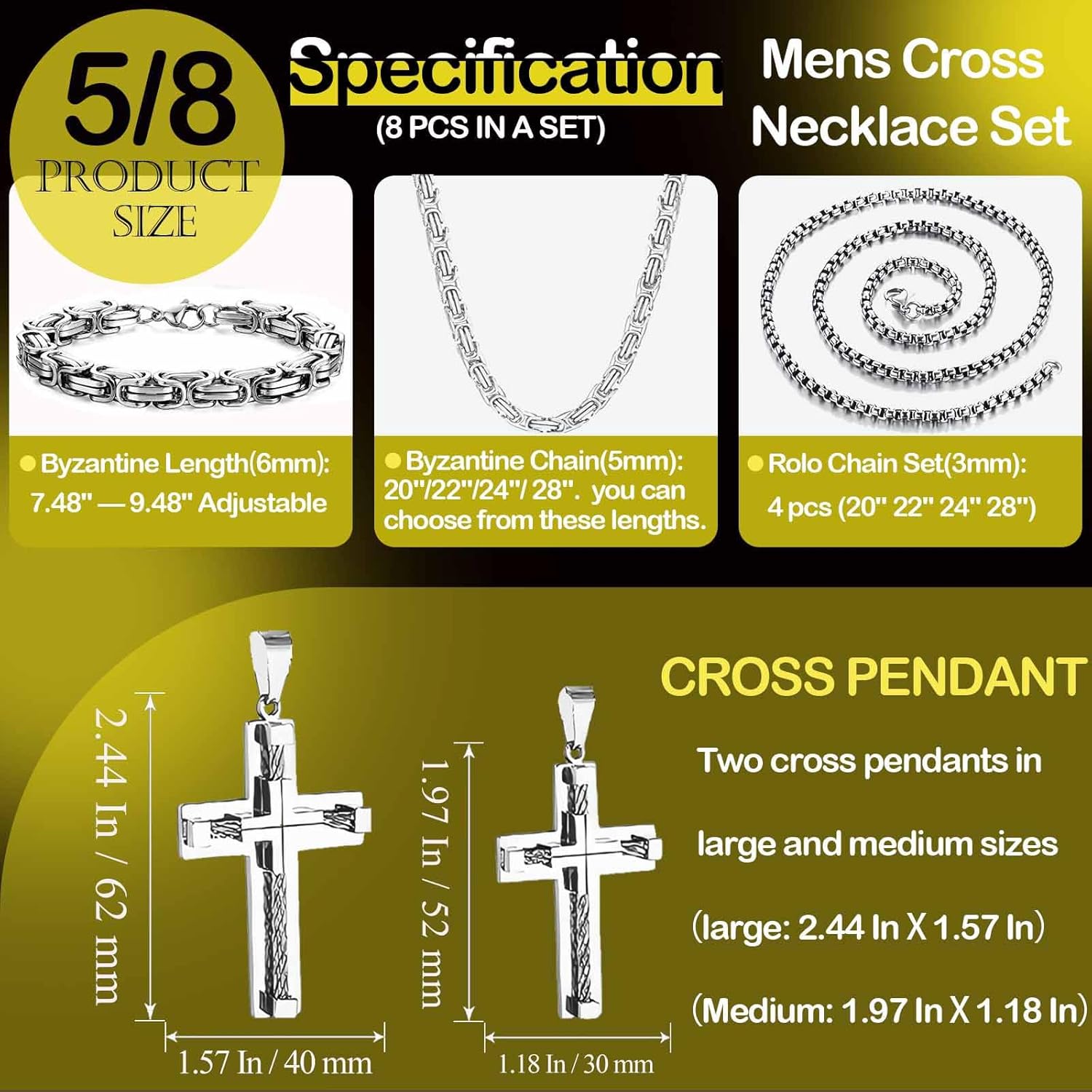 IYL Byzantine Cross Necklace Set for Men Large Cross Necklace for Men