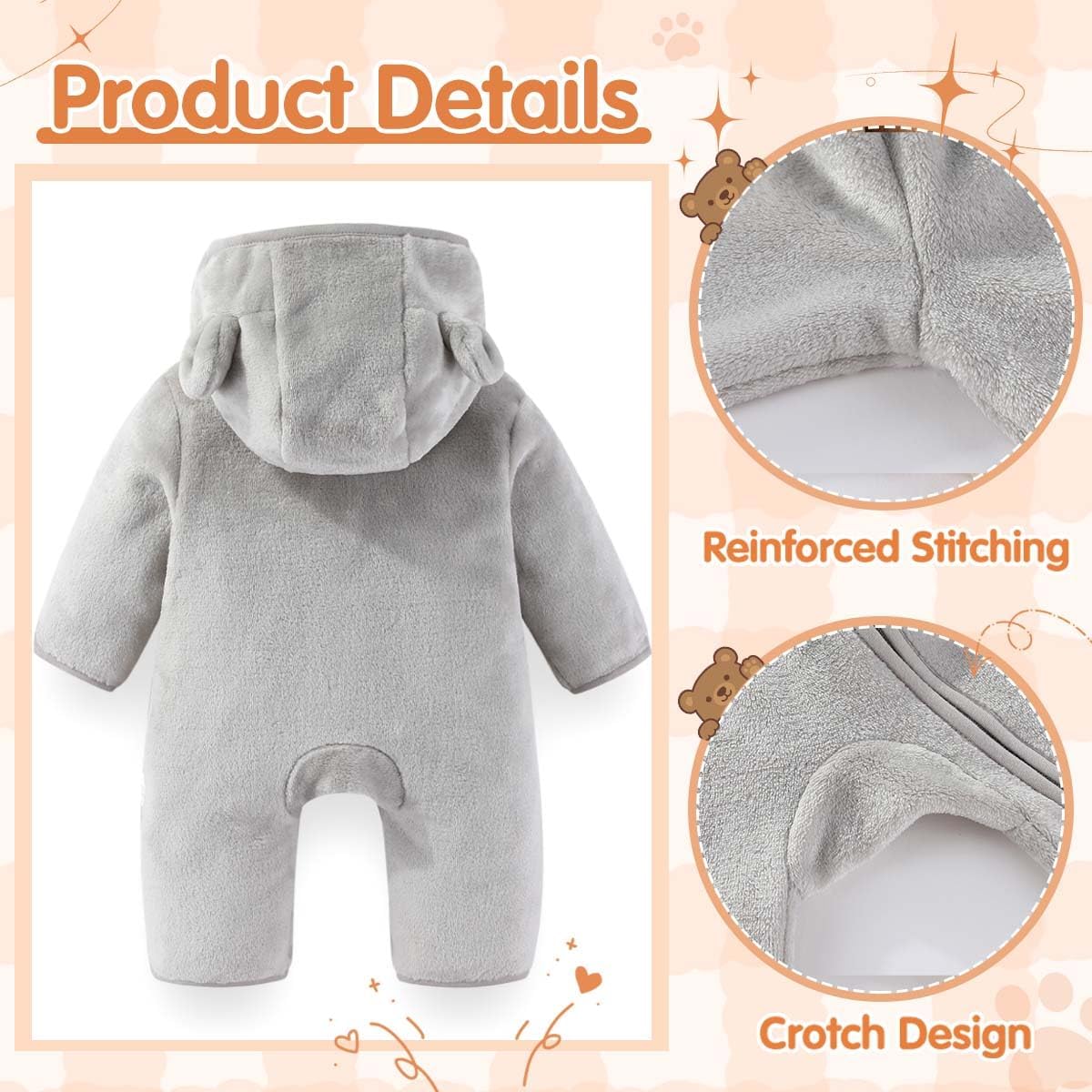 Fairy Baby Newborn Baby Bear Outfit With Fold-Over Mittens Footies Thin Fleece Romper Hooded Jumpsuit Winter Coat Girls Boys - Image 3
