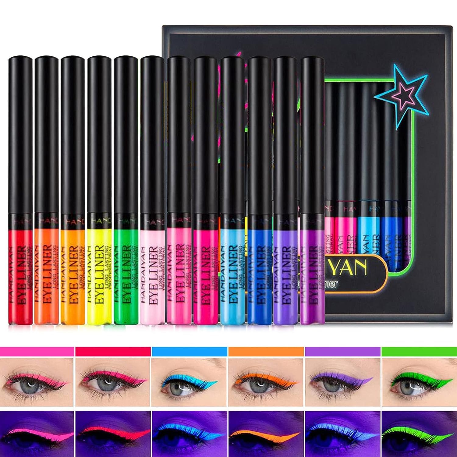 Colorful Liquid Eyeliner Set, 12 colors Matte Neon Eyeliner Pigmented Waterproof Smudgeproof Long Lasting Eye Liner Eye Makeup Gift Kit for Women C, 12 Pcs-image-19
