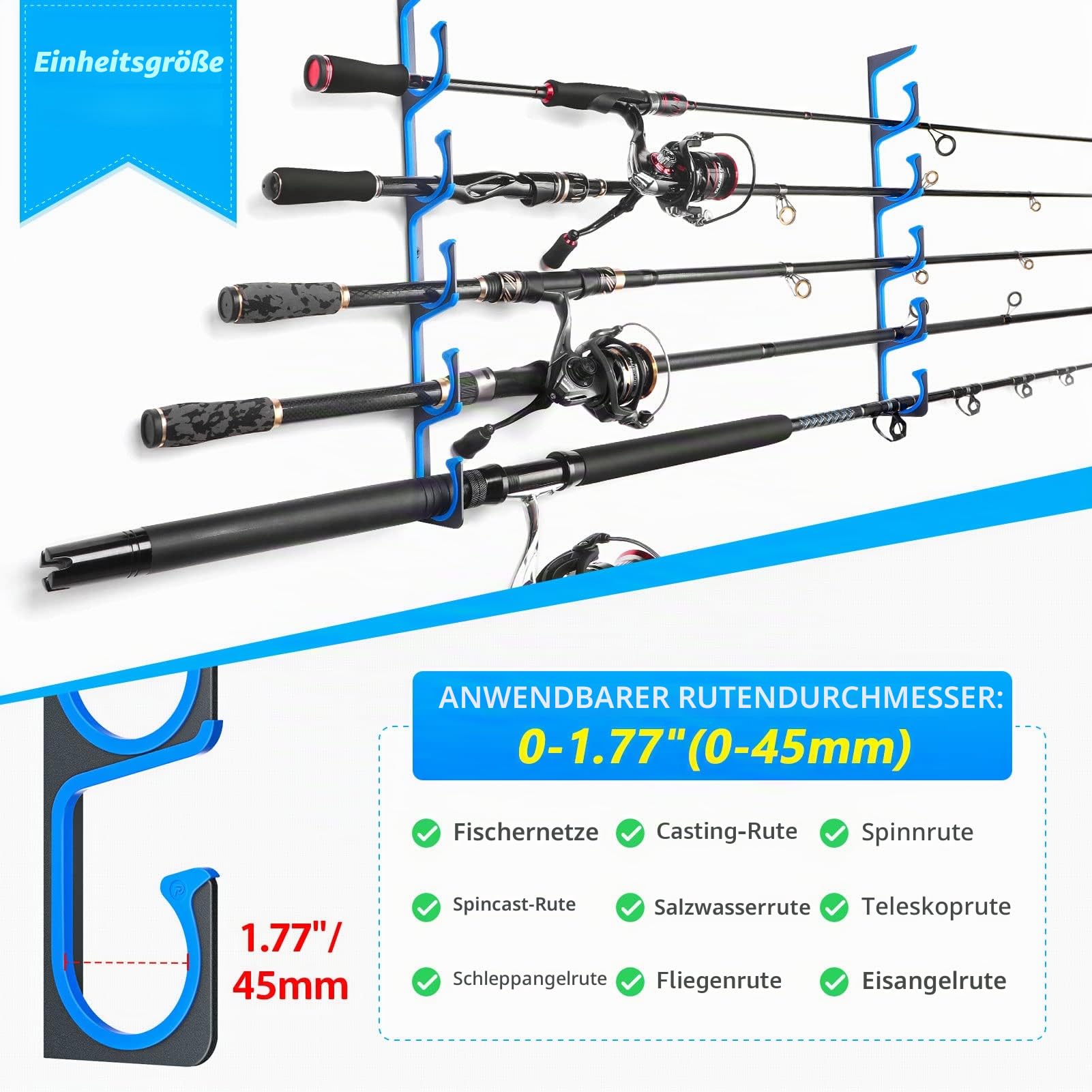 PLUSINNO 2 Stück H5 horizontale Angelruten-/Rutenhalter, Angelrutenhalter für Garage, Wand oder Deckenmontage, Angelrutenhalter, Luftfahrt-Aluminium-Rutenhalter für 10 Ruten oder