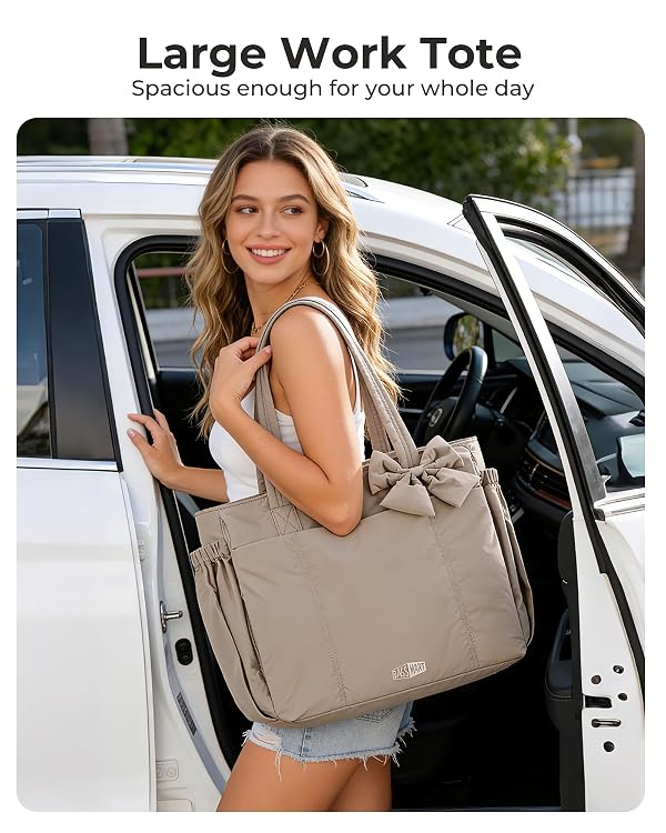 BAGSMART Crush Bow Tote Bag for Women, Large Work Tote with 40oz Tumbler, Puffer Travel Tote Bag for Work, Yoga, Gym by BAGSMART - Image 4