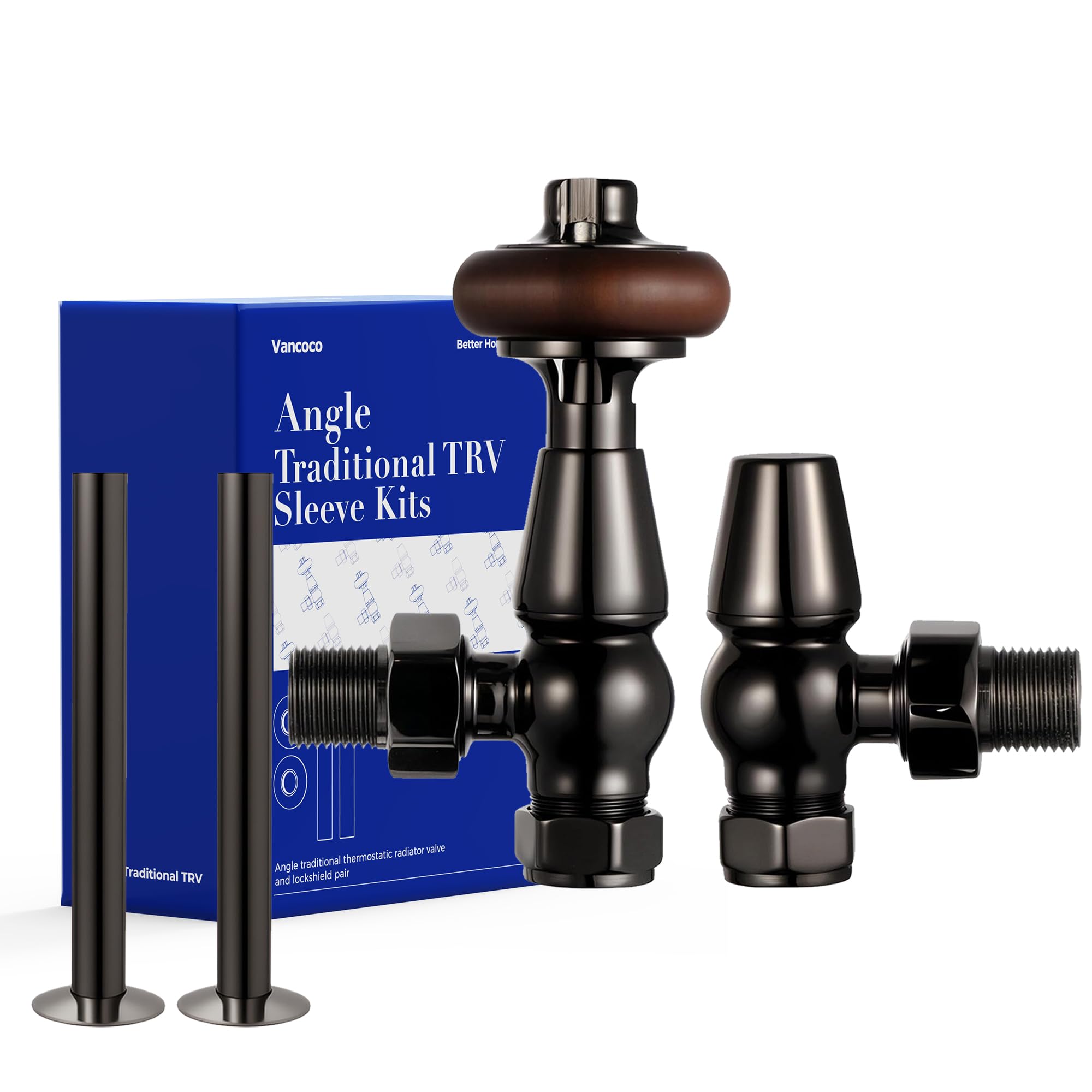 VANCOCO Traditional Black Nickel Angled Radiator Valves 1/2"×15mm + 130mm×15mm Radiator Pipe, Brass Thermostatic Radiator Valve, Cast Iron Antique Thermostat TRV Pair with Solid Wood Handwheel