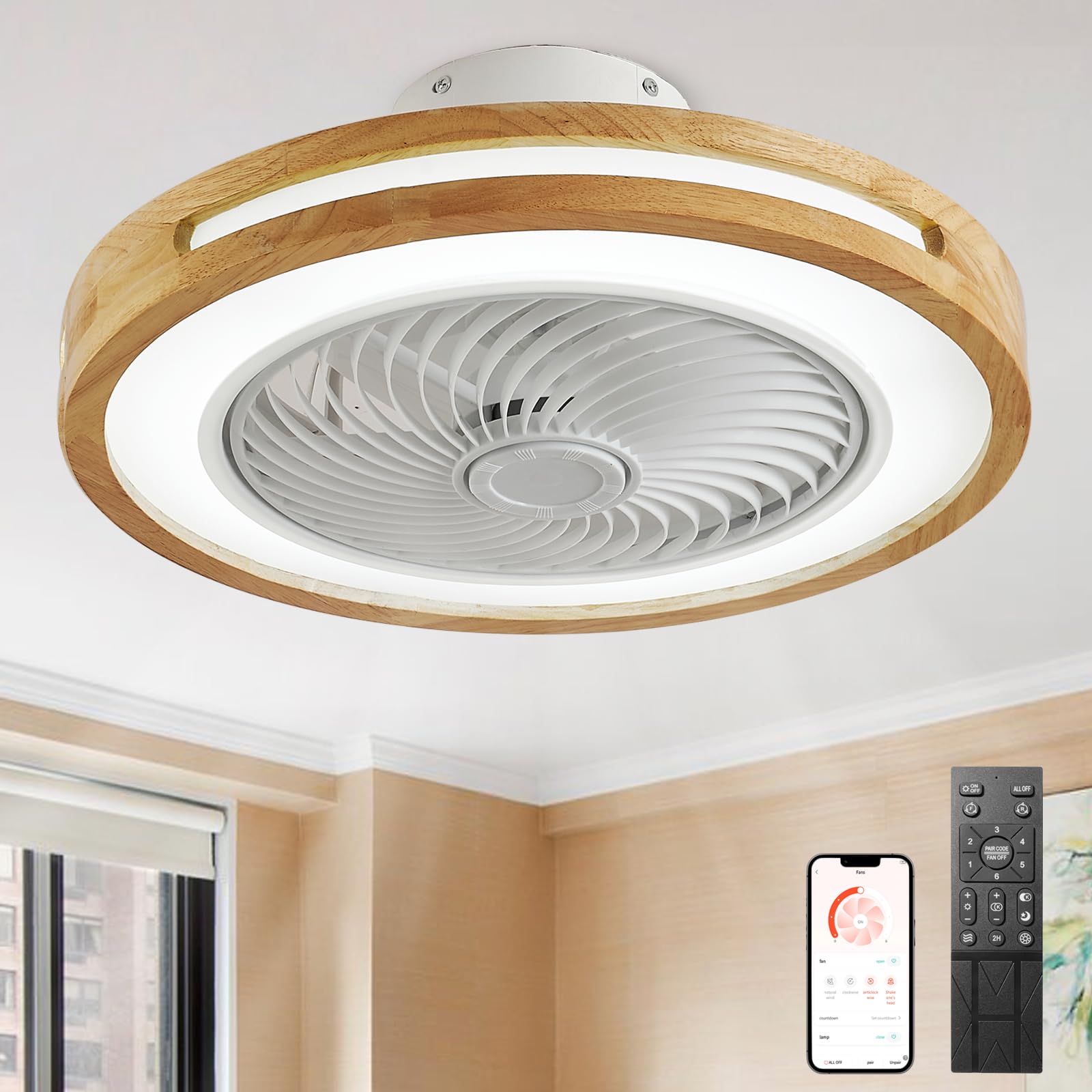 SXDMOUBK Modern Wooden Ceiling Fan with LED Light Dimmable & Timer Energy Efficient DC Motor Stylish Ceiling Light Fixture for Bedroom Living Room Home Decor