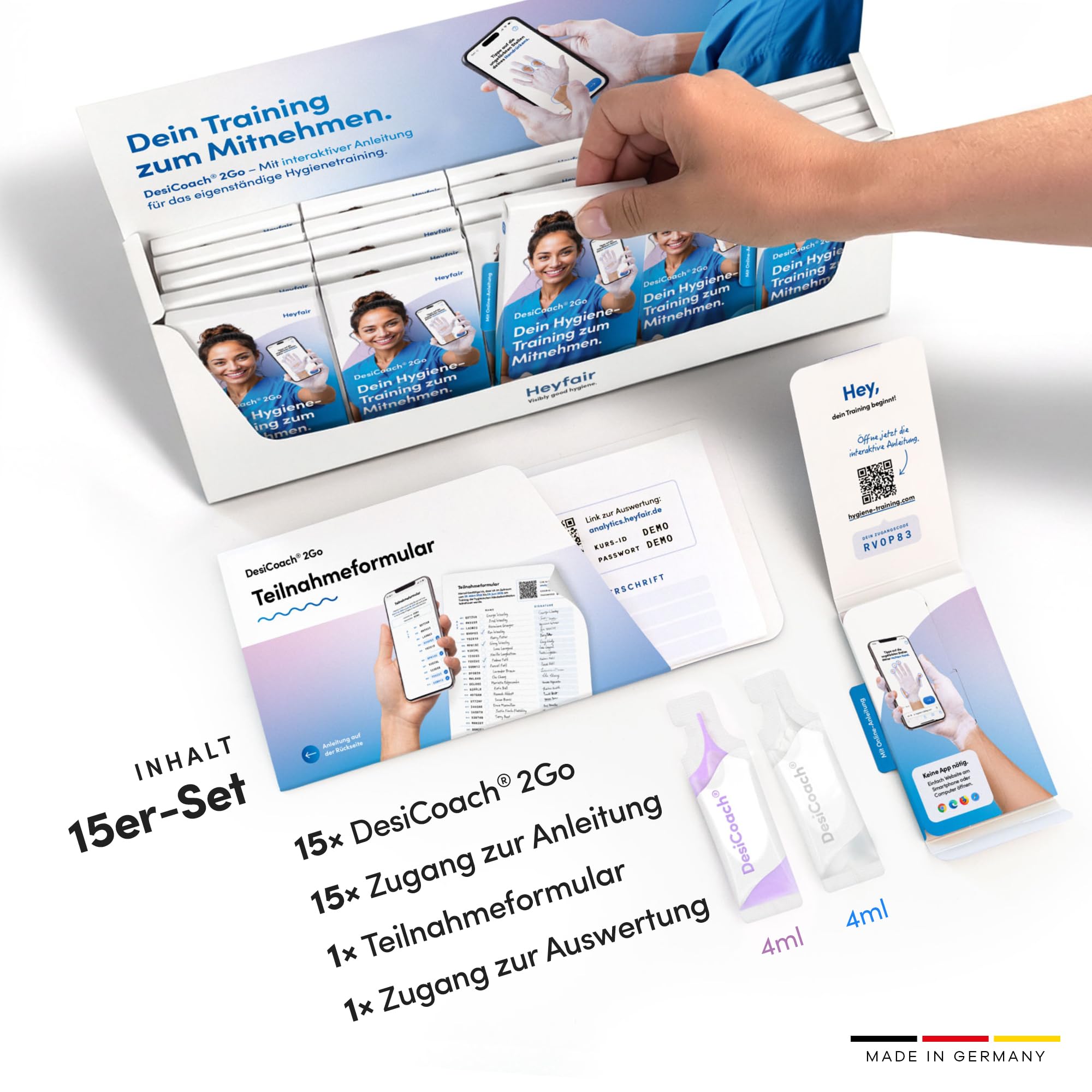 2Go Händedesinfektion Training – mit Online-Anleitung, 15er-Set | Mobiles Hygienetraining von Heyfair. Ganz ohne UV-Licht.