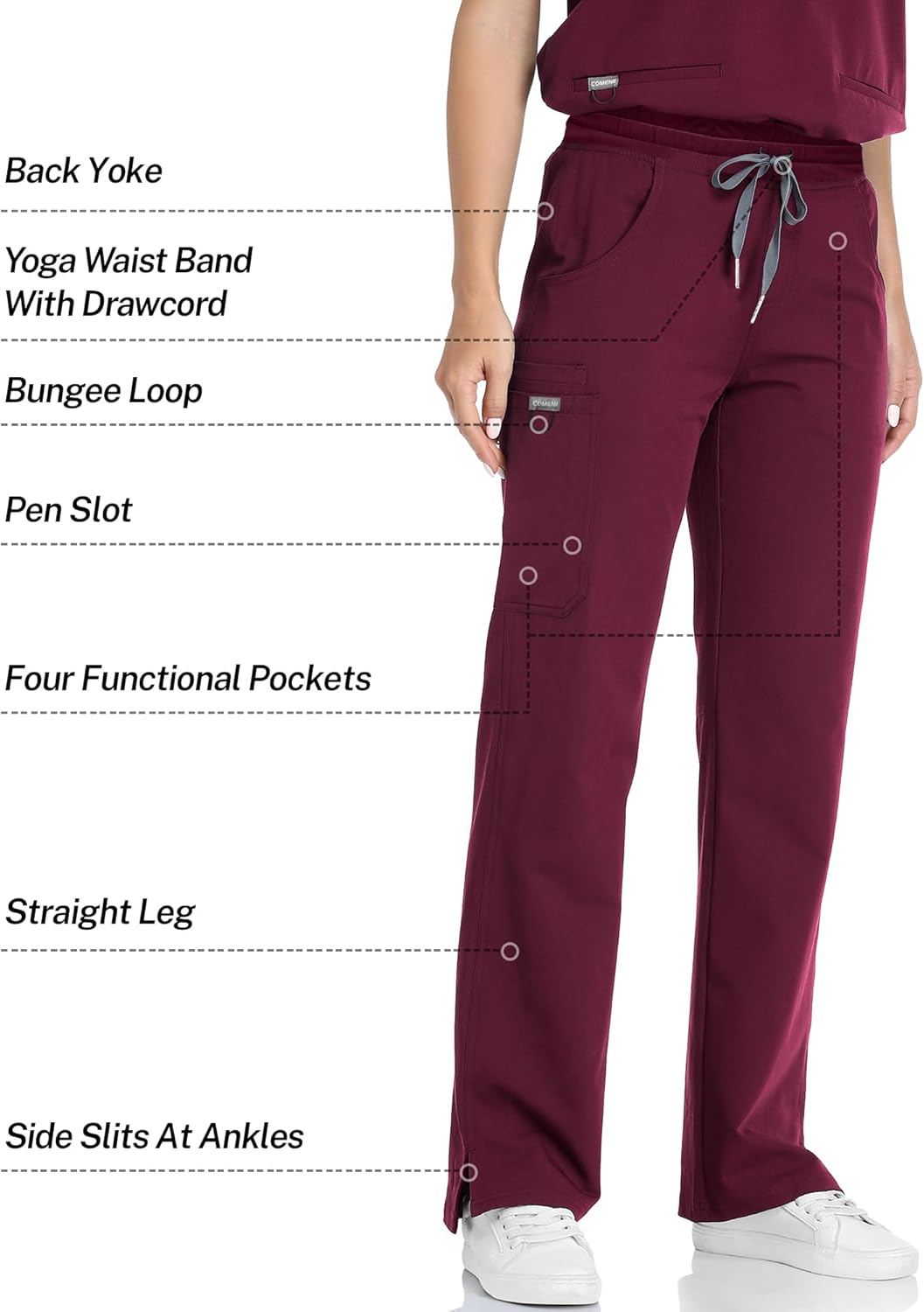 COMENII Scrubs for Women, Knit Yoga Waistband Straight Leg Cargo Pants, Classic Fit Womens Scrubs Pants-3-R-Burgundy L - Image 6