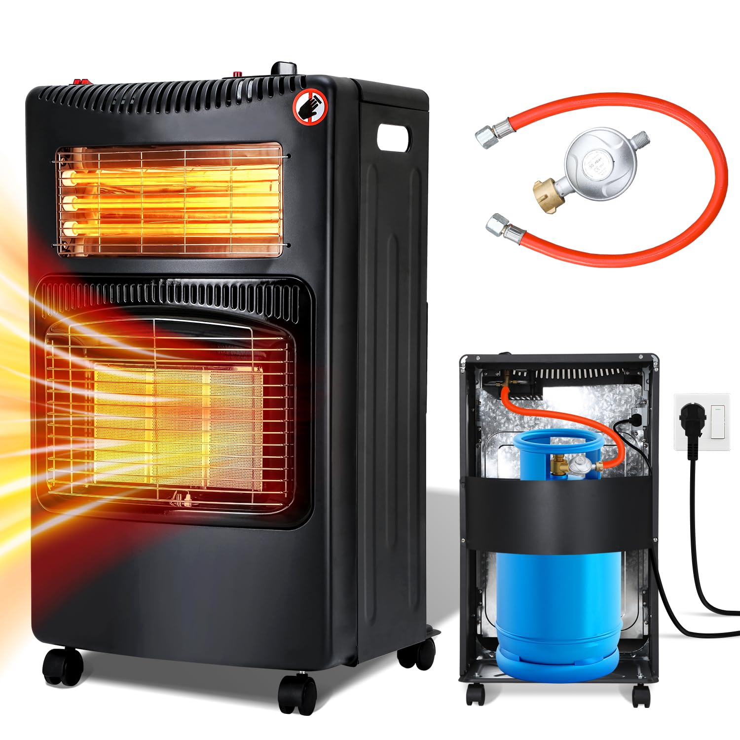 Gasheizofen 4,2 KW Gasheizer und 1260W Elektrische Gasheizung Faltbar Gasofen 306 g/h Gasverbrauch Gasheizvolumen 20-60 m³, Einstecken und loslegen