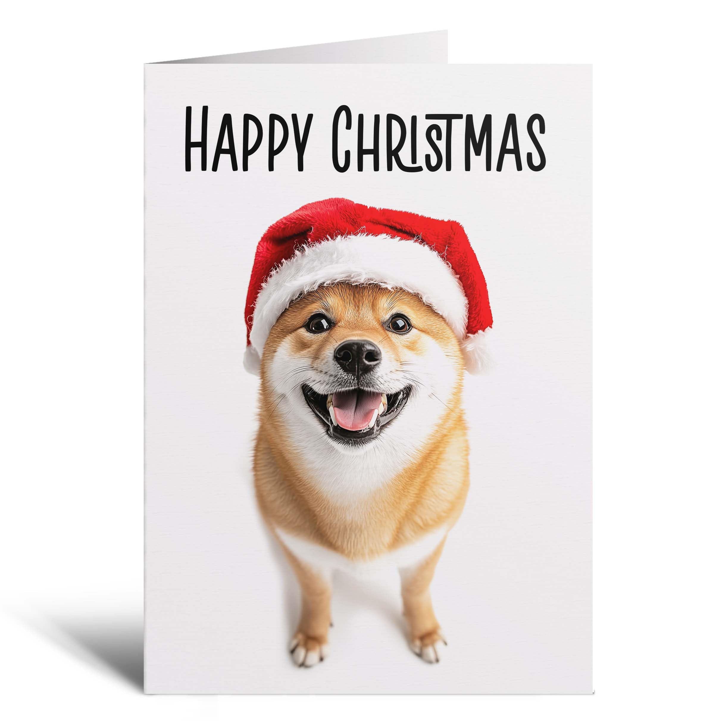 Postcard Prints - Fun Christmas Card of a Shiba Inu Dog Wearing A Santa Hat Whimsical Christmas Card For Animal Lover For Him or Her - 5 Cards — image 1
