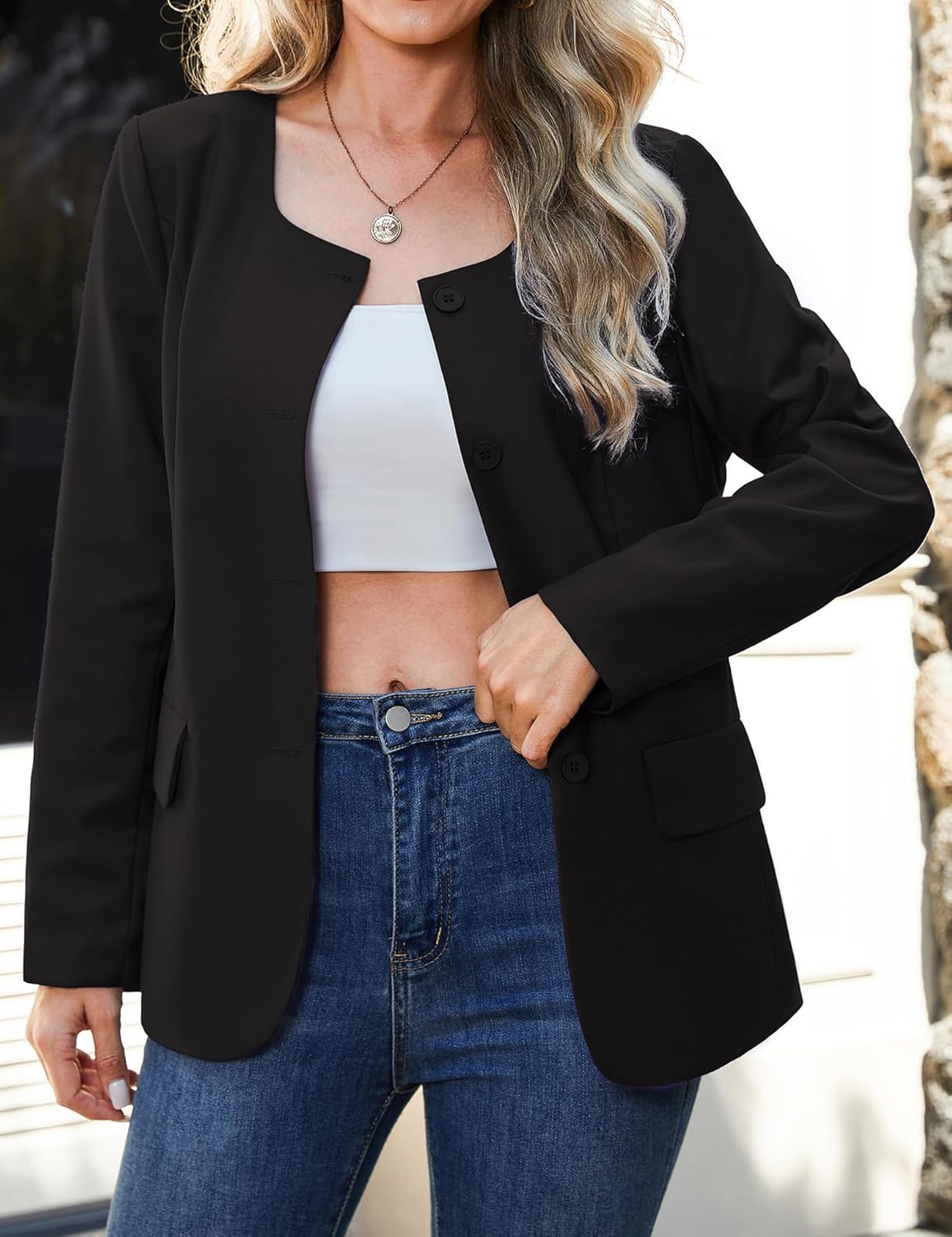 Genhoo Womens Business Casual Blazers Button Down Round Neck Long Sleeve Work Office Suit Jackets Outfits with Padded Shoulder Black S - Image 3