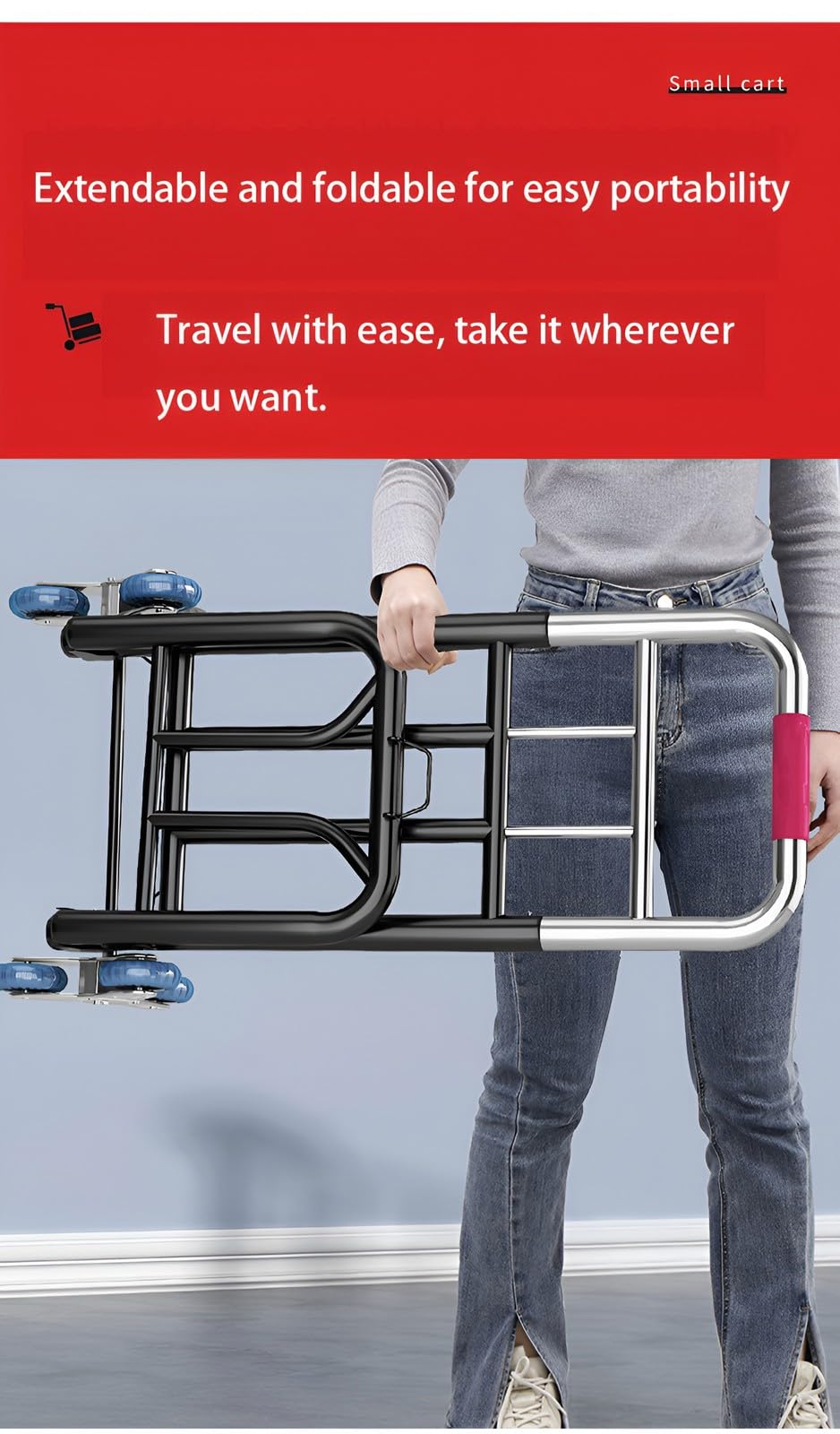 Carrello pieghevole per salire le scale, capacità di 150 kg, manico telescopico, 6 ruote e 3 corde elastiche, ideale per trasportare e spostare oggetti pesanti
