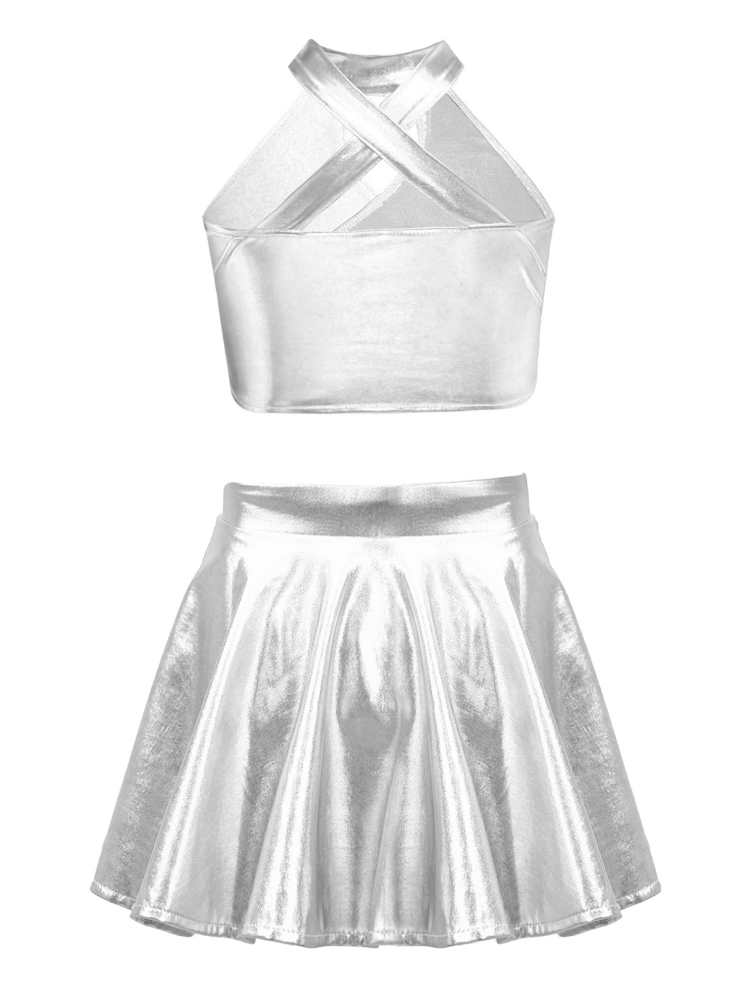 easyforever Kids Girls Sleeveless Metallic Sequin Tango Jazz Latin Modern Ballroom Dance Crop Tops and Skirt Set Silver 12 Years