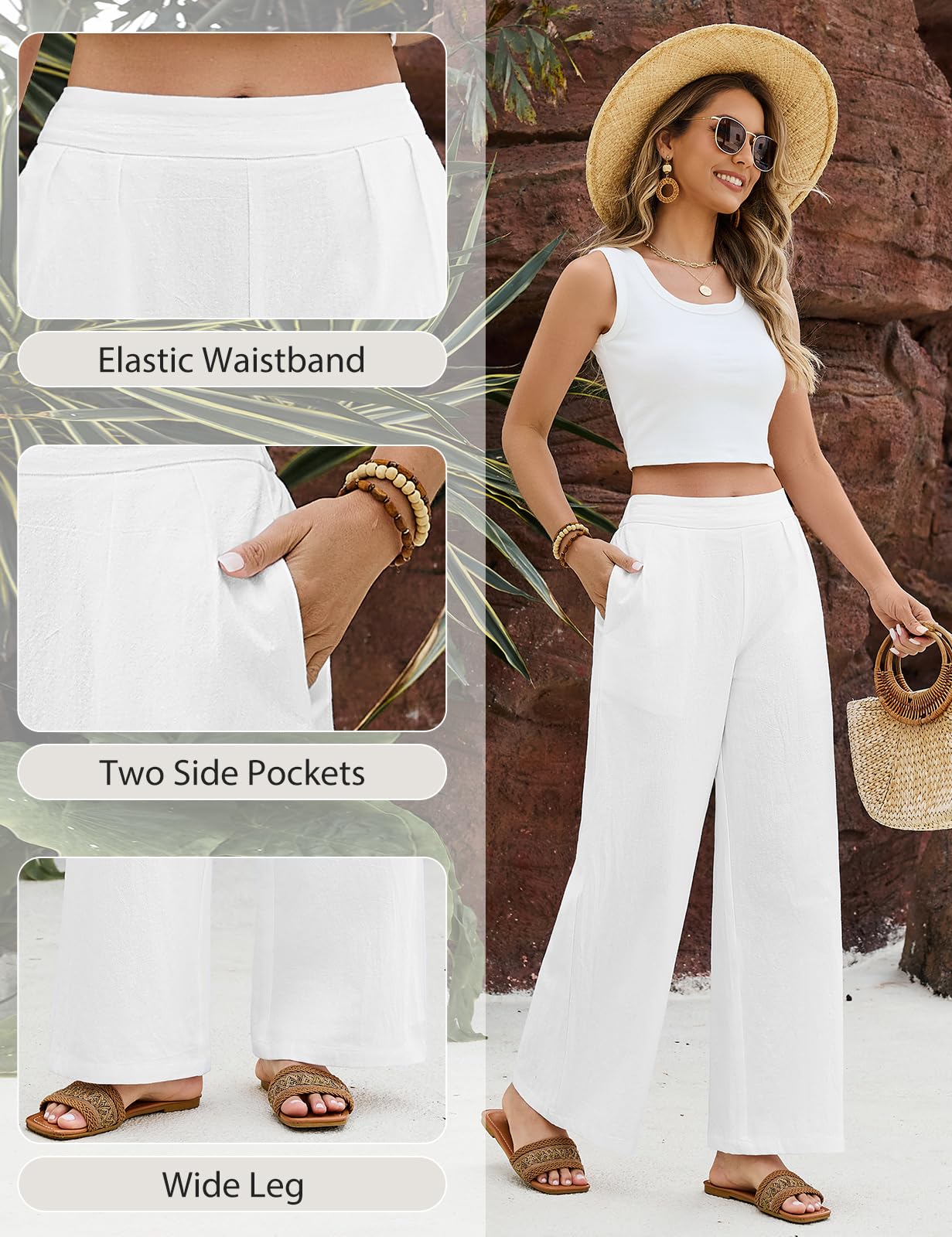Pantalones Mujer Verano Algodón Ancho Cintura Elástica Cómodo Bolsillos