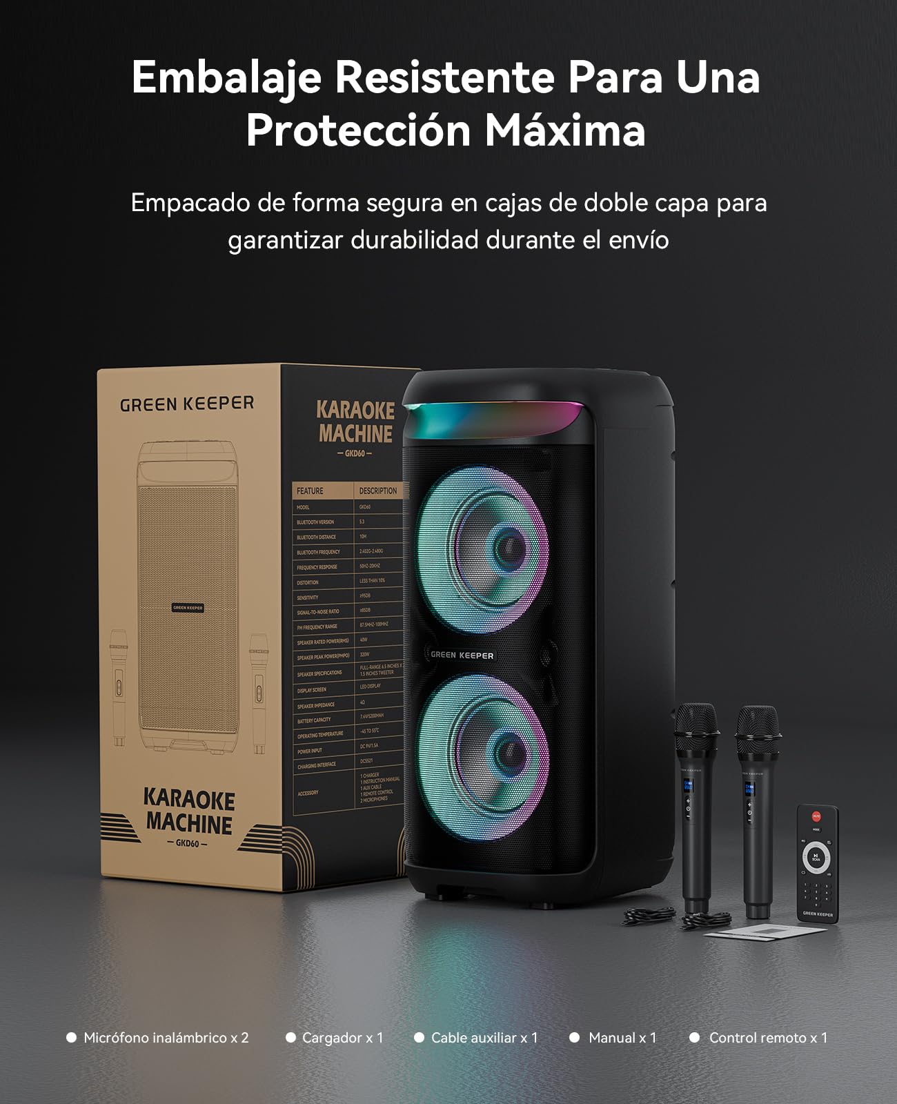 Máquina De Karaoke GKD60 Con 2 Micrófonos, Altavoz Bluetooth De 50 W