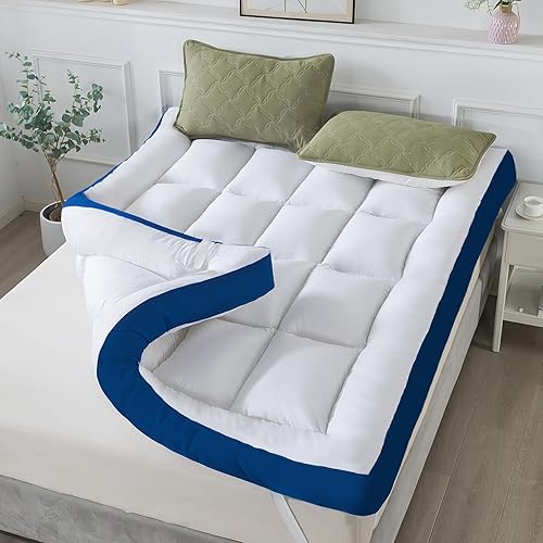 WhatsBedding Cubrecolchón de espuma viscoelástica de 5 pulgadas, 100 % algodón, relleno de espuma viscoelástica transpirable y suave, 4 correas