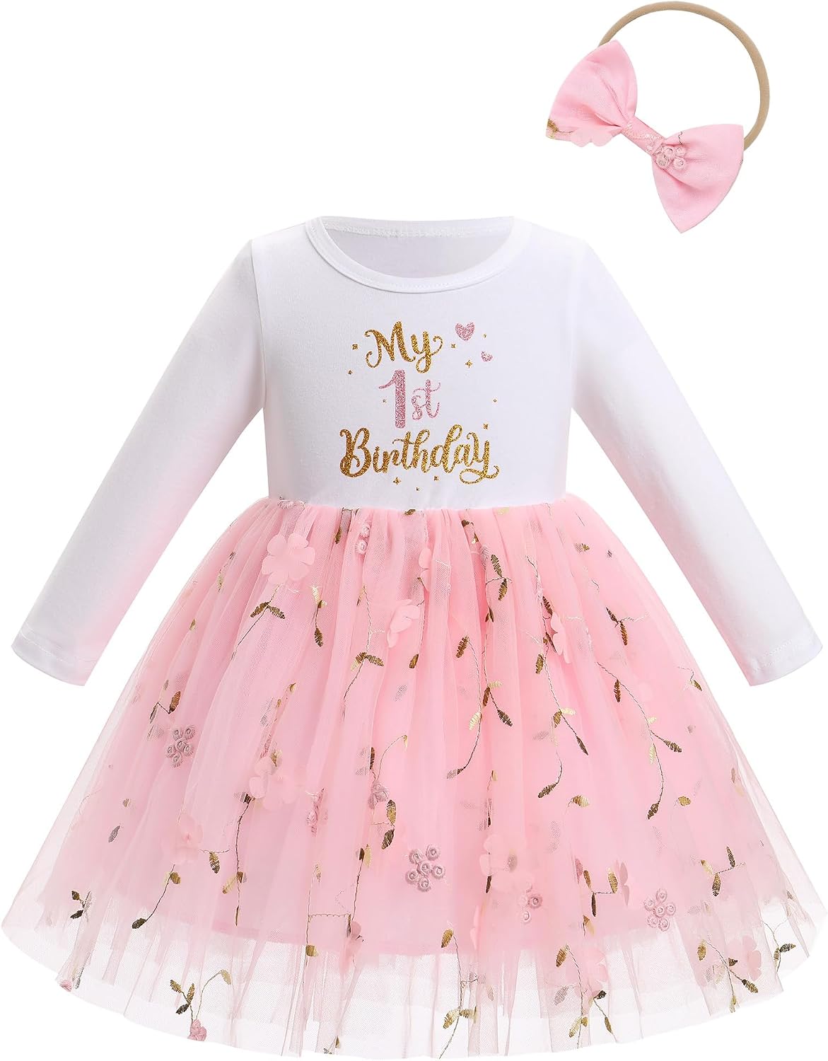 IBTOM CASTLE First Birthday Outfit Baby Girl Long Sleeve Embroidered Tutu Princess Dress and Headband Cake Smash Outfit