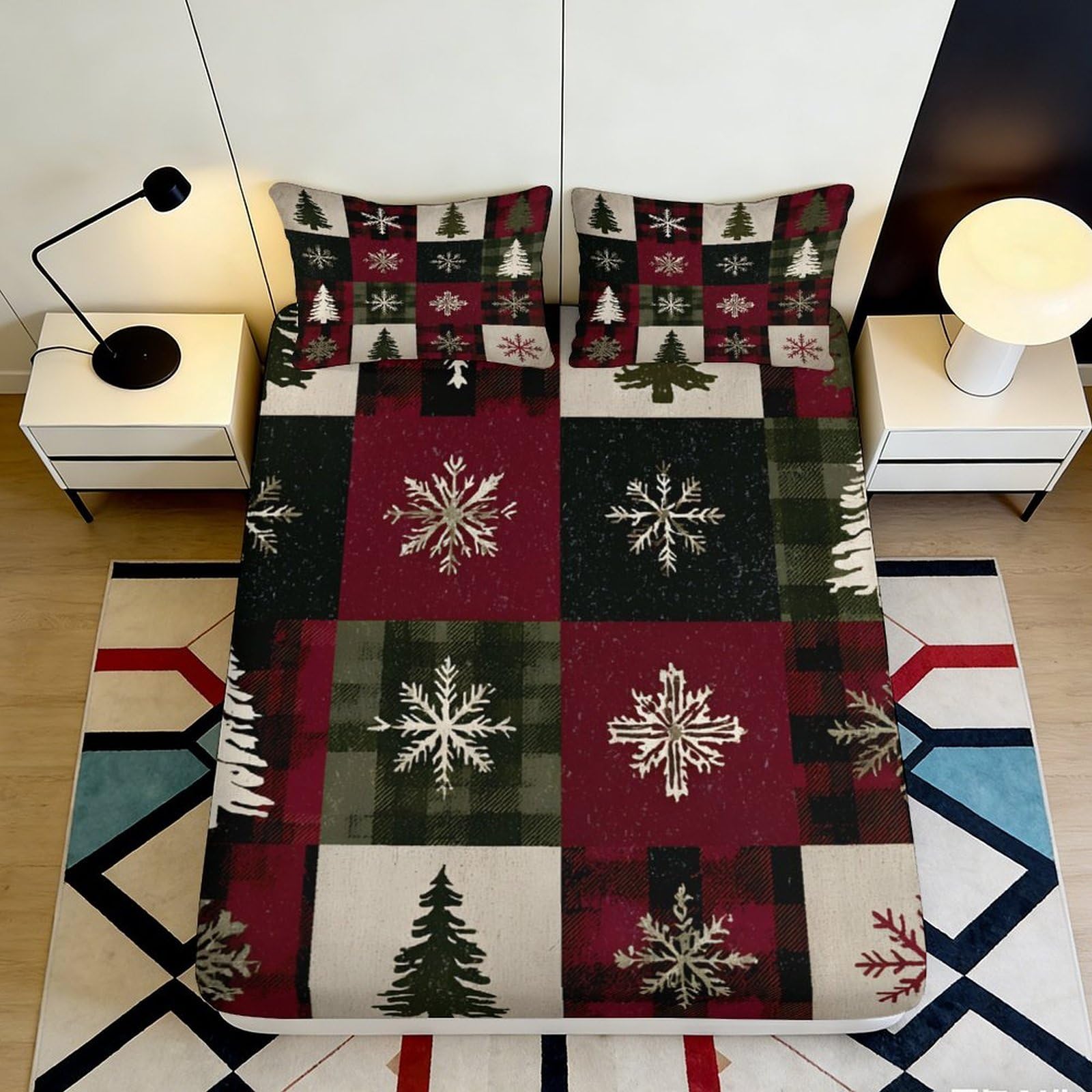 3D Printed Christmas Snowflake Fitted Sheet Microfiber Soft Durable Plaid Bed Cover for Bedroom Dormitory Guest Room Mattress Protection 200x200x25cm