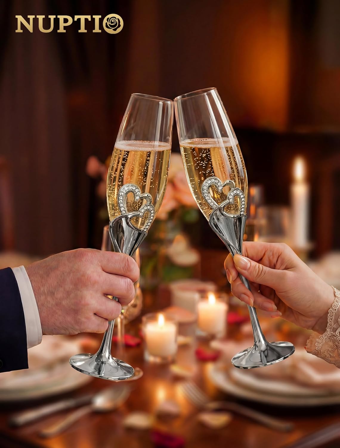 NUPTIO Champagne Flutes Glasses Wedding: Champagne Flute with Wooden Gift Box Crystal Prosecco Glass Set of 2, Silver Gift Set for Engagement Toasting Anniversary Party Bridal Showers