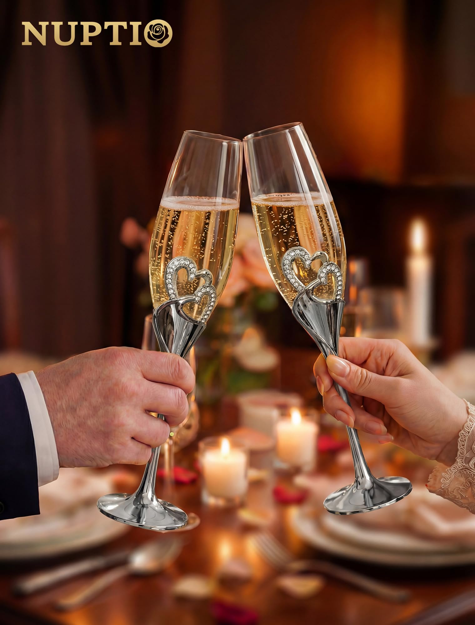 NUPTIO Cristal Flûtes à Champagne avec en Bois, Cadeau Mariage, Argent | 2 Pièces, Verre, pour Anniversaire, Fête, Noël, pour les Couples, l'épouse, la Mariée, l'être Aimé