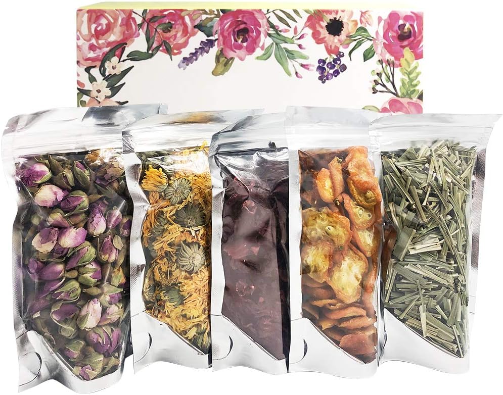 Wellcn Premium Botanical Herbal kit-Dried flowers Tea Sampler - Pink Rosebuds, Hibiscus, Dried Calendula Flowers , Lemongrass , Dried oval kumquat for Flower Tea,Soap&Candle Making, Crafts