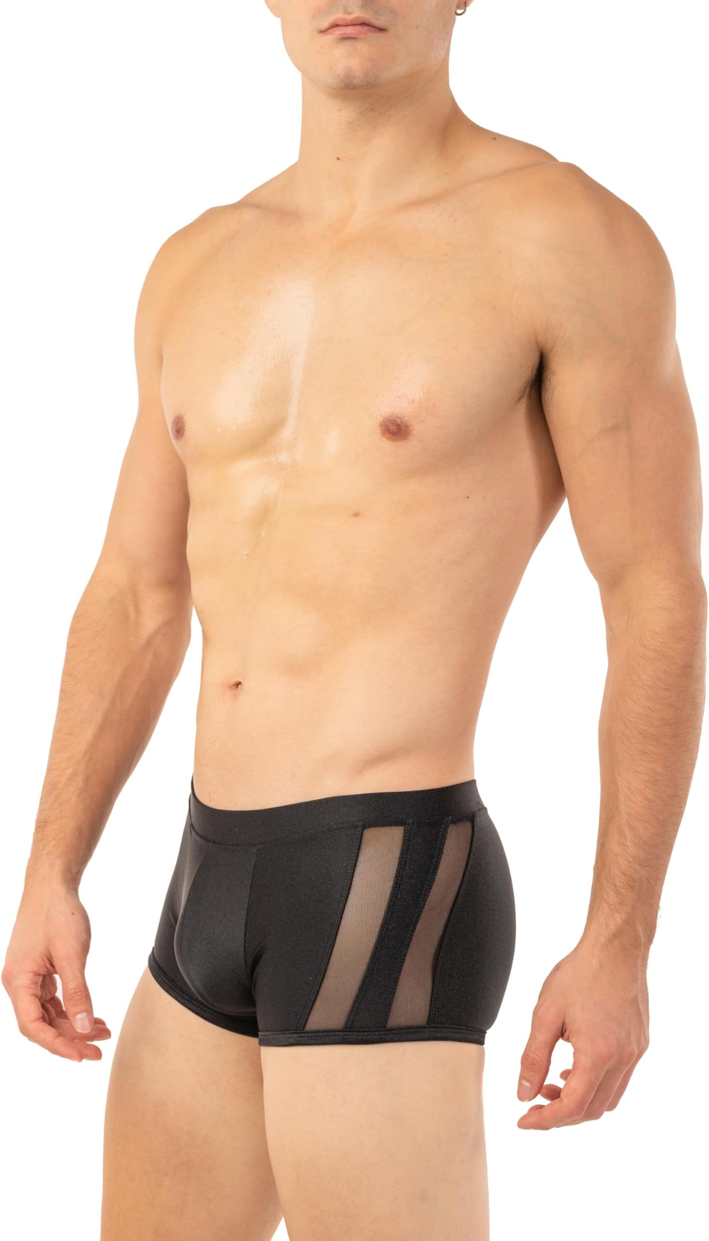 Men's Boxer Brief Swimsuit with Front and Side Mesh Inserts - Available in Shiny Solid Tricot and Prints