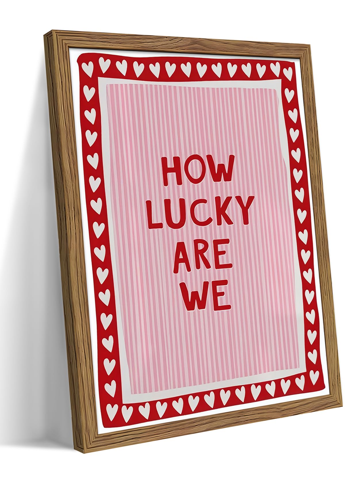 Framed How Lucky Are We Wall Art, Vintage Pink Inspirational Canvas Wall Decor Painting, Trendy Preppy Stripe Romantic Quotes Posters Prints Pictures for Bedroom Dorm Valentine Gift 16x24 Inch