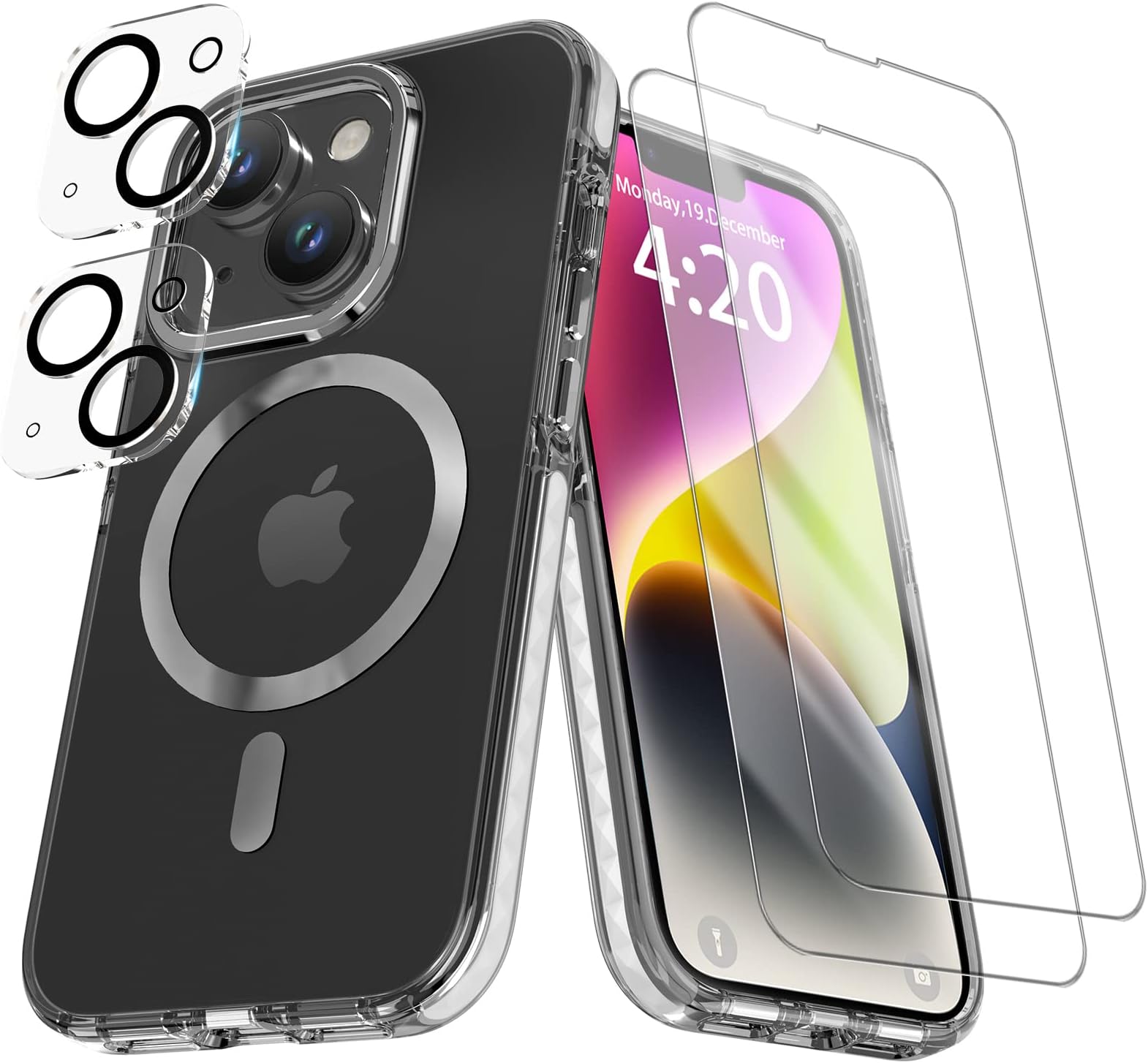 KINGXBARfor iPhone 14 Plus Case Clear Compatible with MagSafe, 2X Screen Protector + 2X Camera Lens Protector Magnetic Phone Cases Military-Grade Shockproof Slim for iPhone 14 Plus Silver