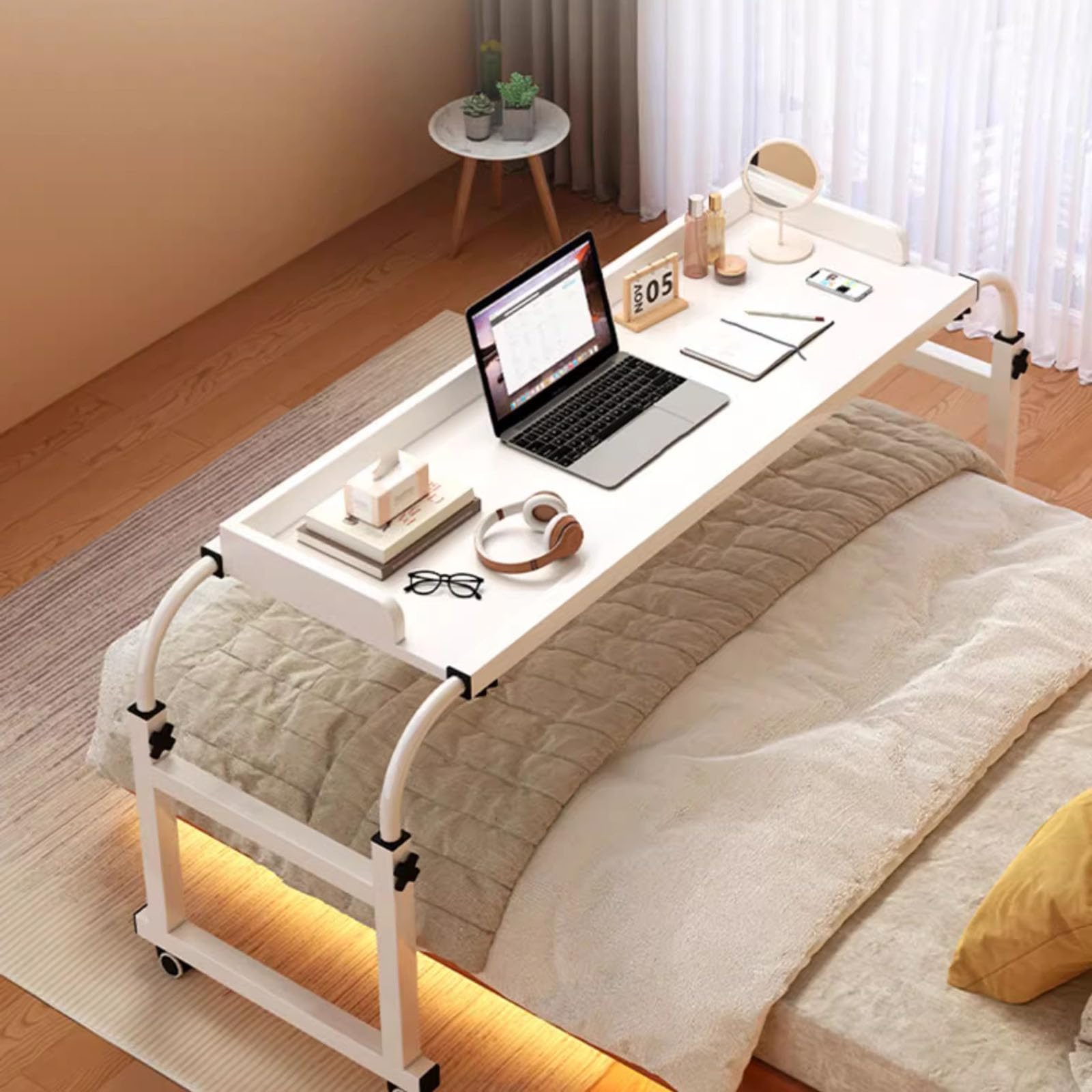 Mesa sobre La Cama，Mesa De EnfermeríA Cruzada con 4 Ruedas Bandeja De Comida Mesa MéDica con Longitud Y Altura Ajustables Mesa De Computadora para Mesa MéDica con Ruedas(Color:Blanco)