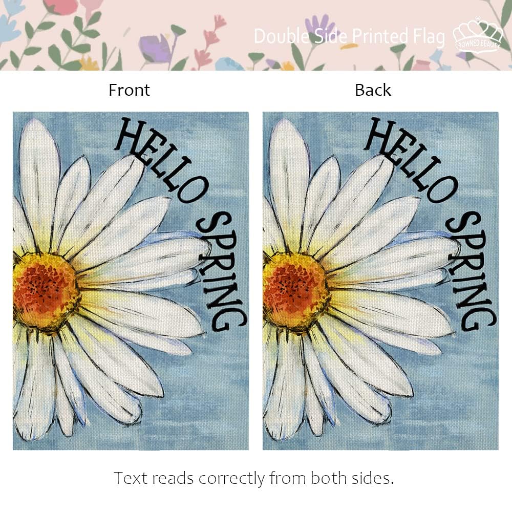 Crowned Beauty Hello Spring Gartenflagge – 71x102 Cm Doppelseitig Mit Gänseblümchen-Muster
