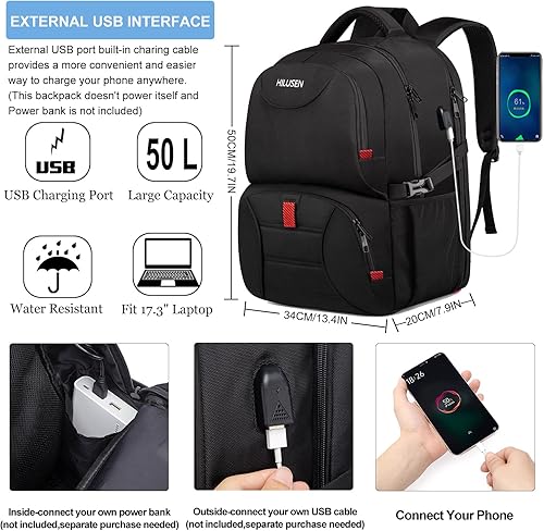 Miniatura 5 de HILUSEN Mochila extra grande para hombres de 50 litros, mochila térmica aislada, resistente al agua, bolsa de trabajo para portátil de viaje de 17