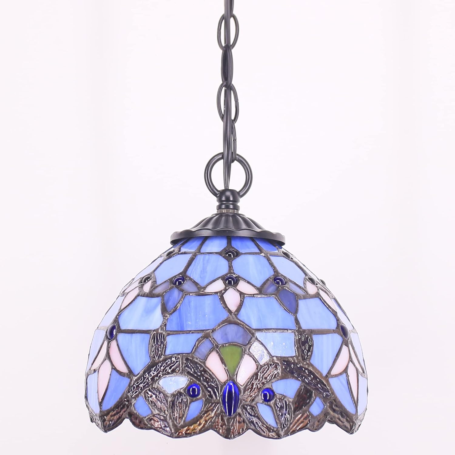 Small Tiffany Pendant Light Stained Glass Plug in Hanging Lamp 8 Inch Adjustable Height Hanging Chandelier Pendant Fixture for Home Kitchen Island Dining Room Hallway (Blue Baroque Style)