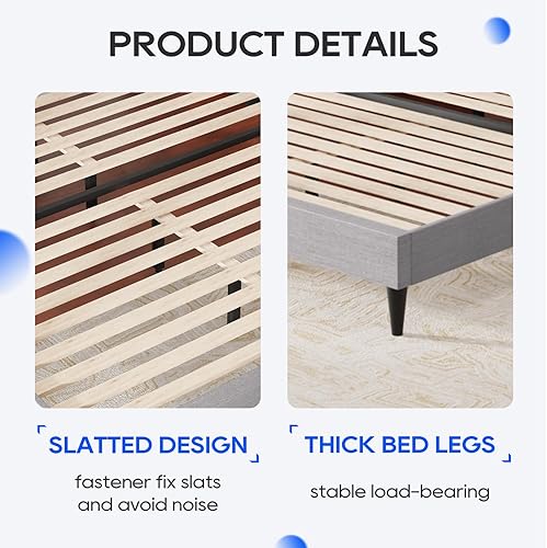 Miniatura 5 de PayLessHere Base de cama tapizada tamaño Queen totalmente tapizada con cabecera de tela, listones de madera, no necesita somier, diseño