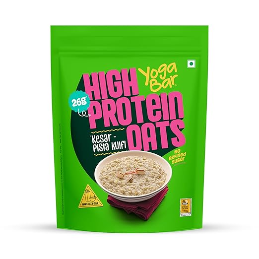 Yogabar 26g High Protein Oats 1kg , Kesar Pista Kulfi - Breakfast Cereal with Wholegrains, 26% Protein & No added sugar - Oats High Protein for Gym & Weight Management - Premium Protein Blend with Whey Protein Powder - with Goodness of Chia, Sunflower & Pumpkin Seeds & Probiotics for Absorption