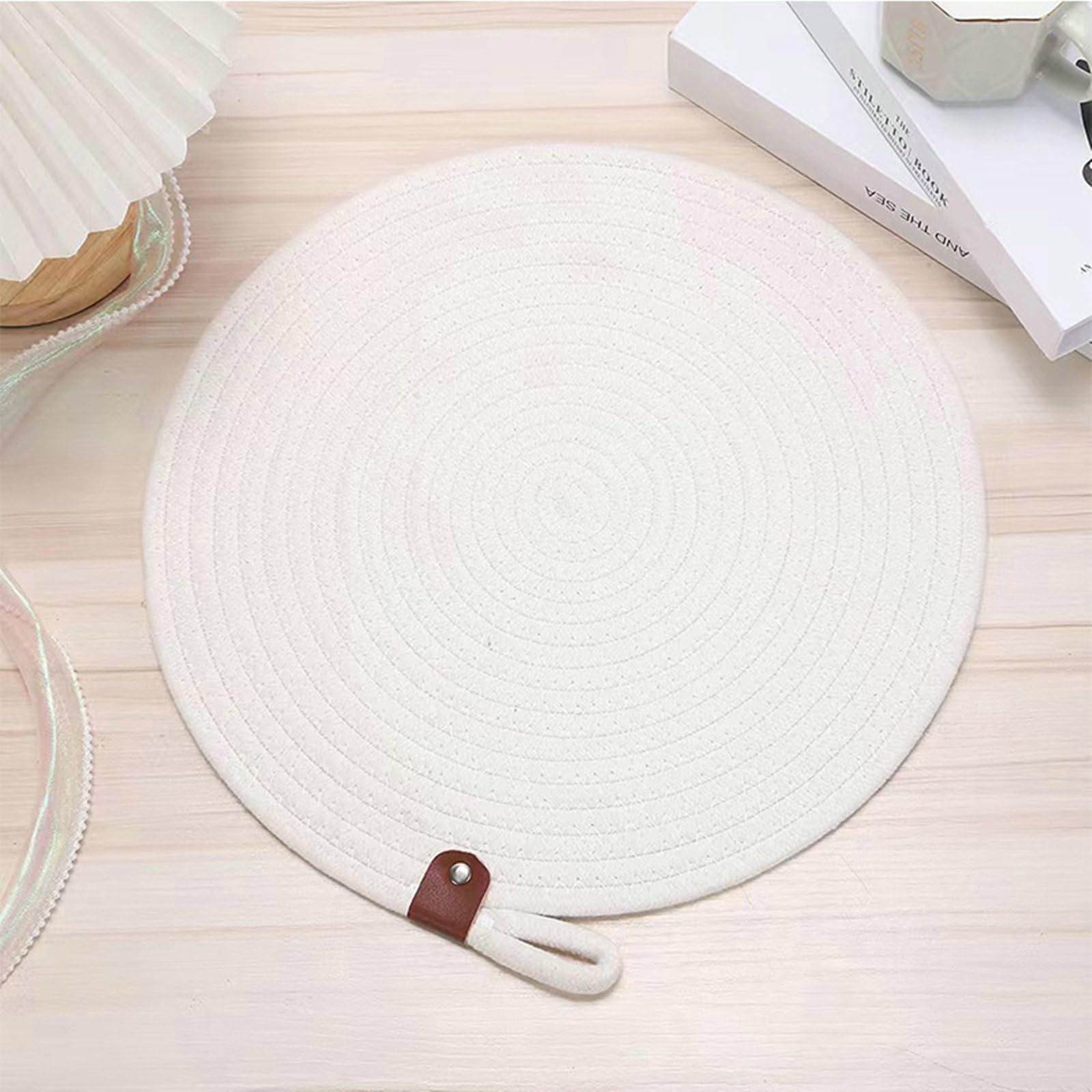 Juego de 10 manteles individuales de mesa de algodón redondo con textura tejida de color sólido con cordón antideslizante, resistente al calor, para cocina, blanco, 30 cm