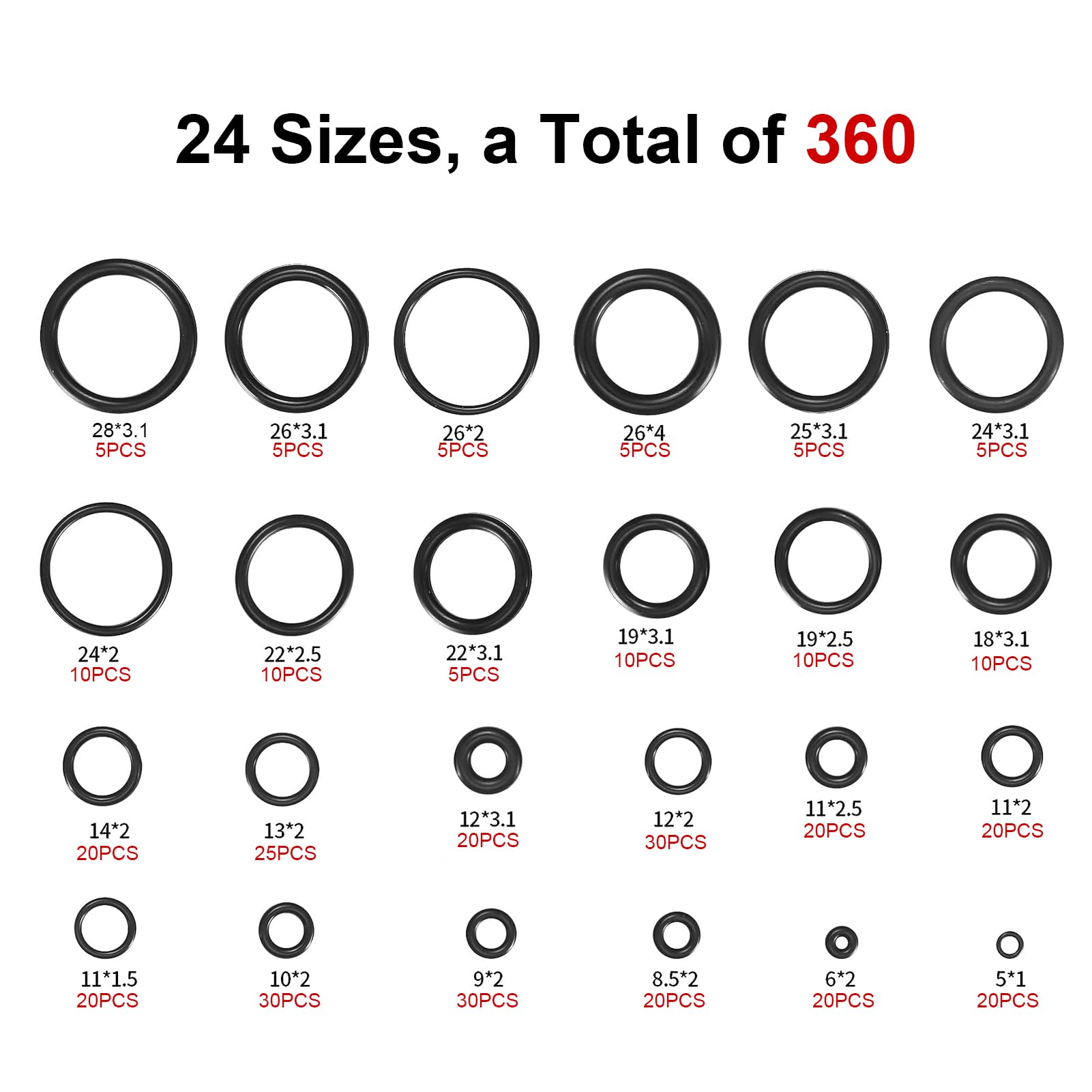 HXMJIED Set di 360 guarnizioni O-Ring in gomma, kit di guarnizioni O-Ring di 24 misure, anelli di guarnizione elettrica nera, rondelle per rubinetto da cucina, distanziatori, set di rondelle isolanti