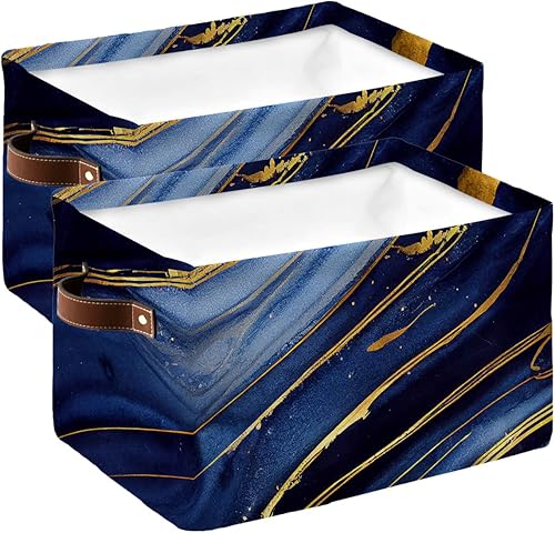 Navy Blue Yellow Marble Storage Basket for Organizing Shelves, Collapsible Storage Bins Boxes with Handle, Modern Ink Painting Abstract Art Canvas